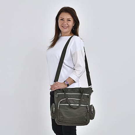 Multi-Pocket Satchel Bag with Detachable Shoulder Strap - Green