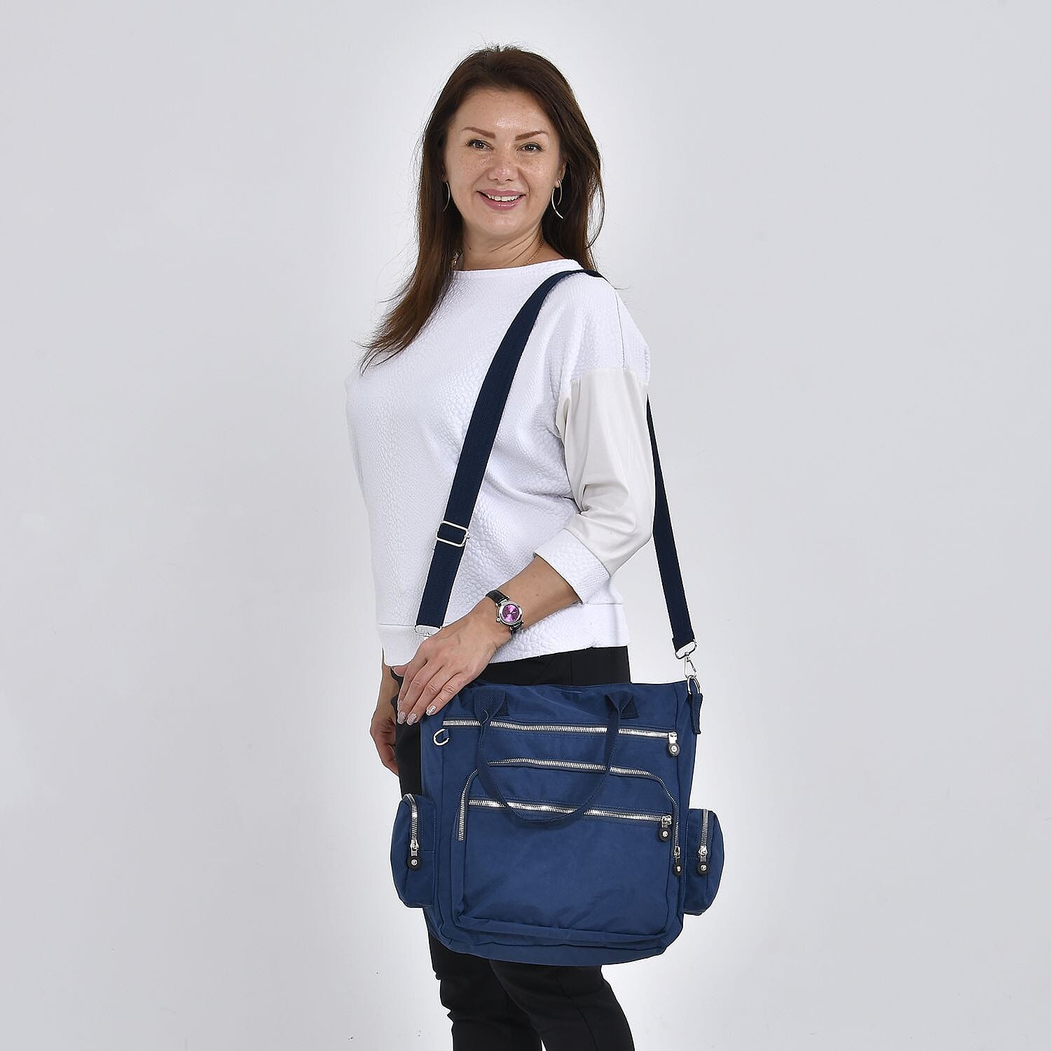 Multi Pockets Tote Bag with Handle Drop and Shoulder Strap (Size 36x33x15 Cm) - Navy