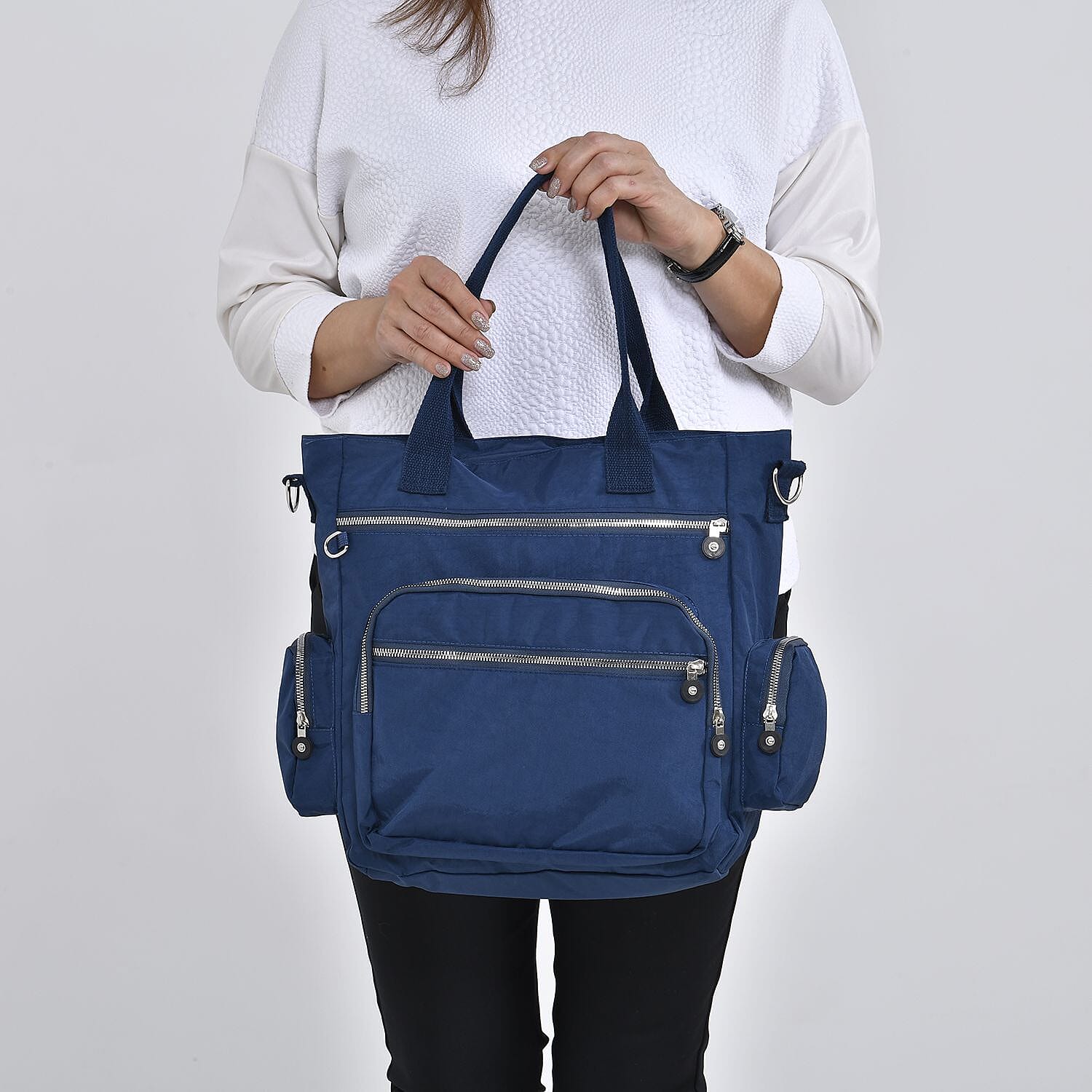 Multi Pockets Tote Bag with Handle Drop and Shoulder Strap (Size 36x33x15 Cm) - Navy