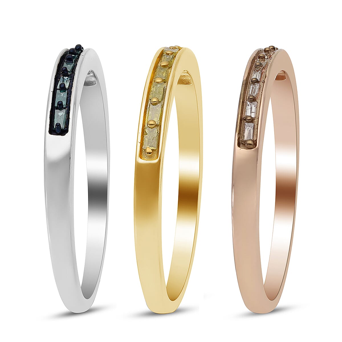 Set of 3 - Champagne, Blue and Yellow Diamond Half Eternity Ring in Silver, Gold and Rose Gold Overlay Sterling Silver 0.33 Ct.