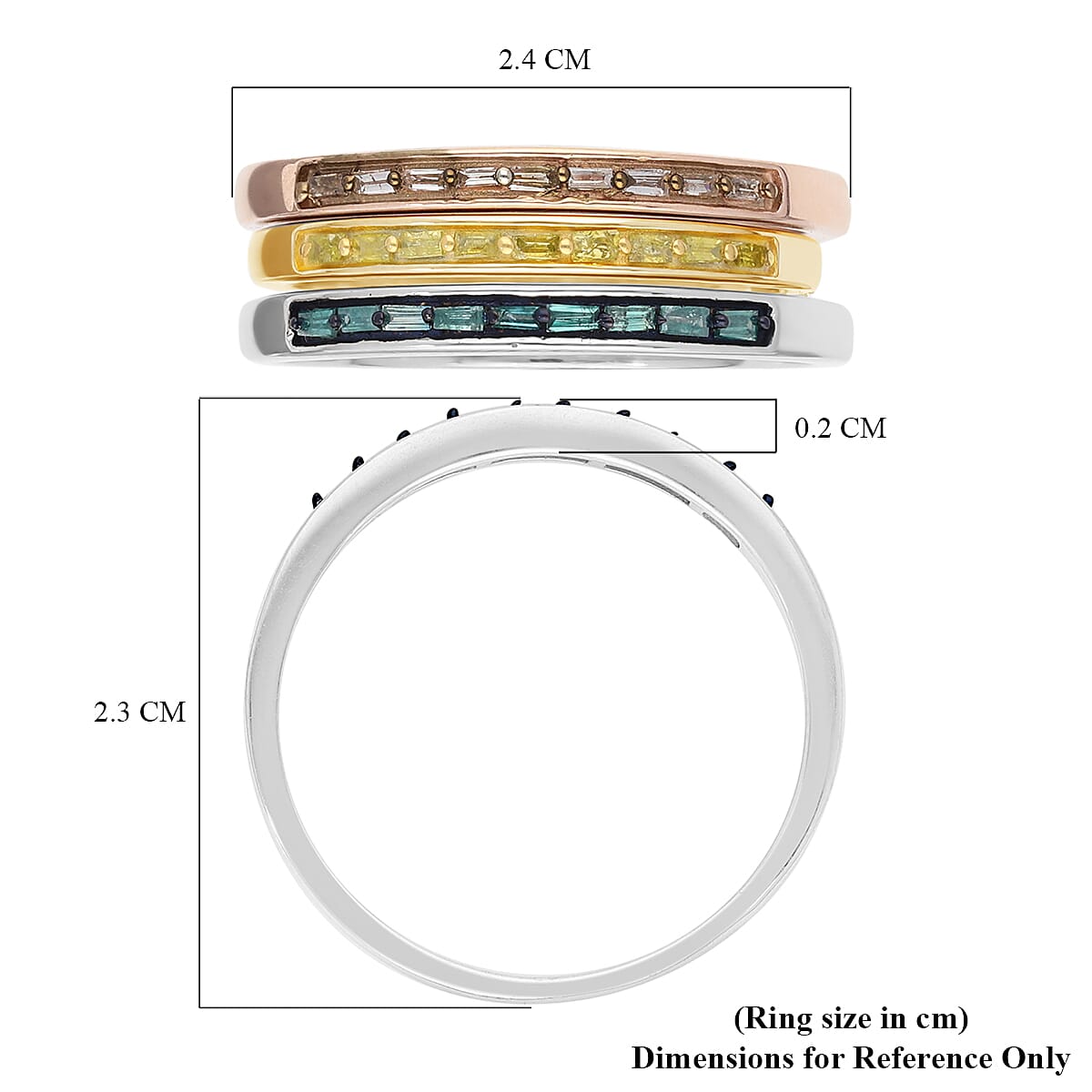 Set of 3 - Champagne, Blue and Yellow Diamond Half Eternity Ring in Silver, Gold and Rose Gold Overlay Sterling Silver 0.33 Ct.