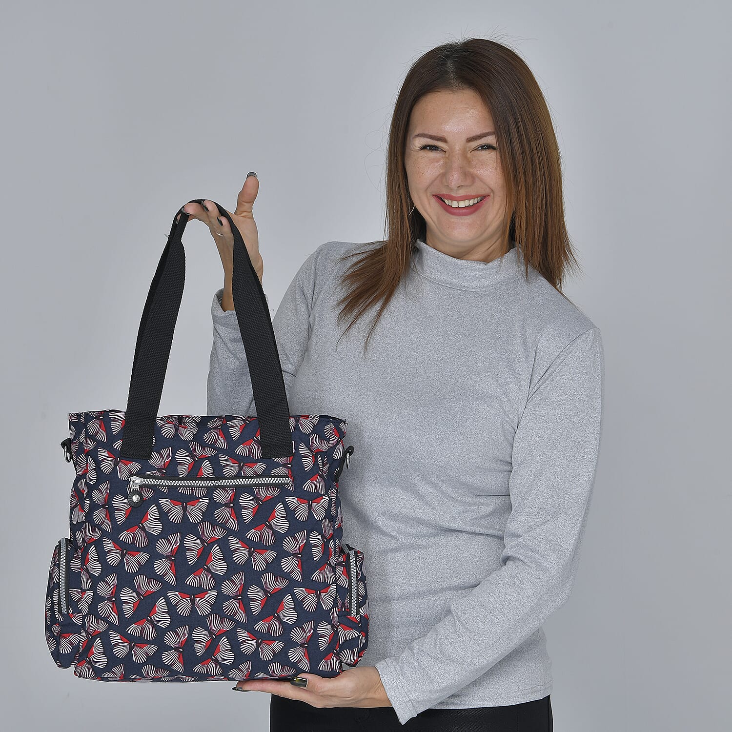 lifestyle-Color Black Butterfly pattern Size/Profile Tote bag Wall (exterior) Nylon Lining (Interior) polyester 