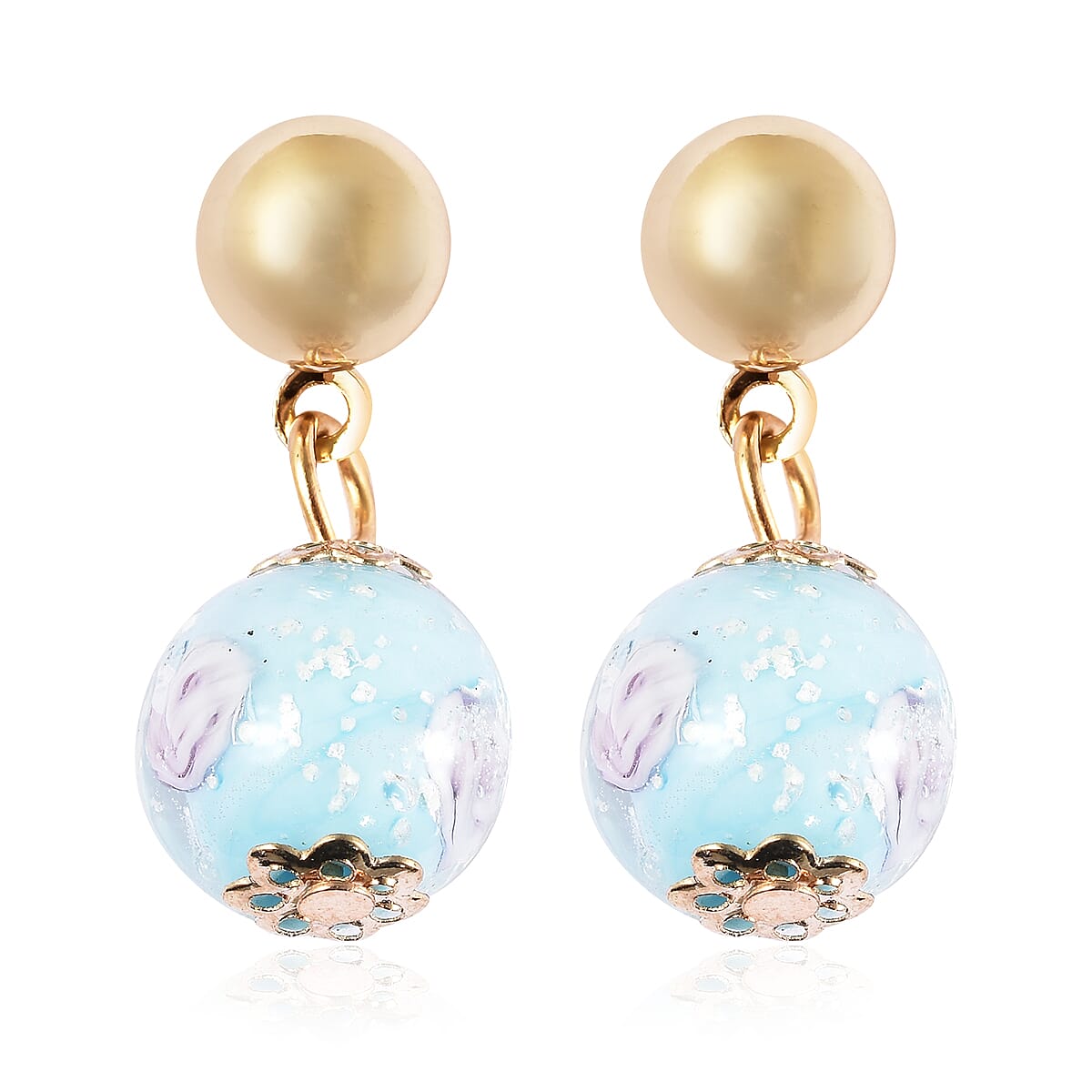 Sky Blue Colour Murano Beads Stud Earrings (with Push Back) in Yellow Gold Tone