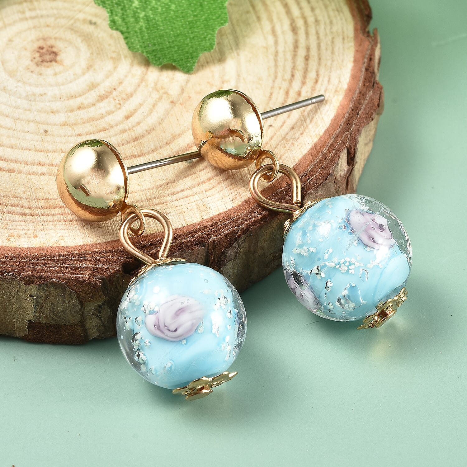 Sky Blue Colour Murano Beads Stud Earrings (with Push Back) in Yellow Gold Tone