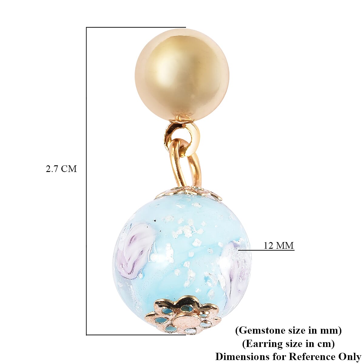 Sky Blue Colour Murano Beads Stud Earrings (with Push Back) in Yellow Gold Tone