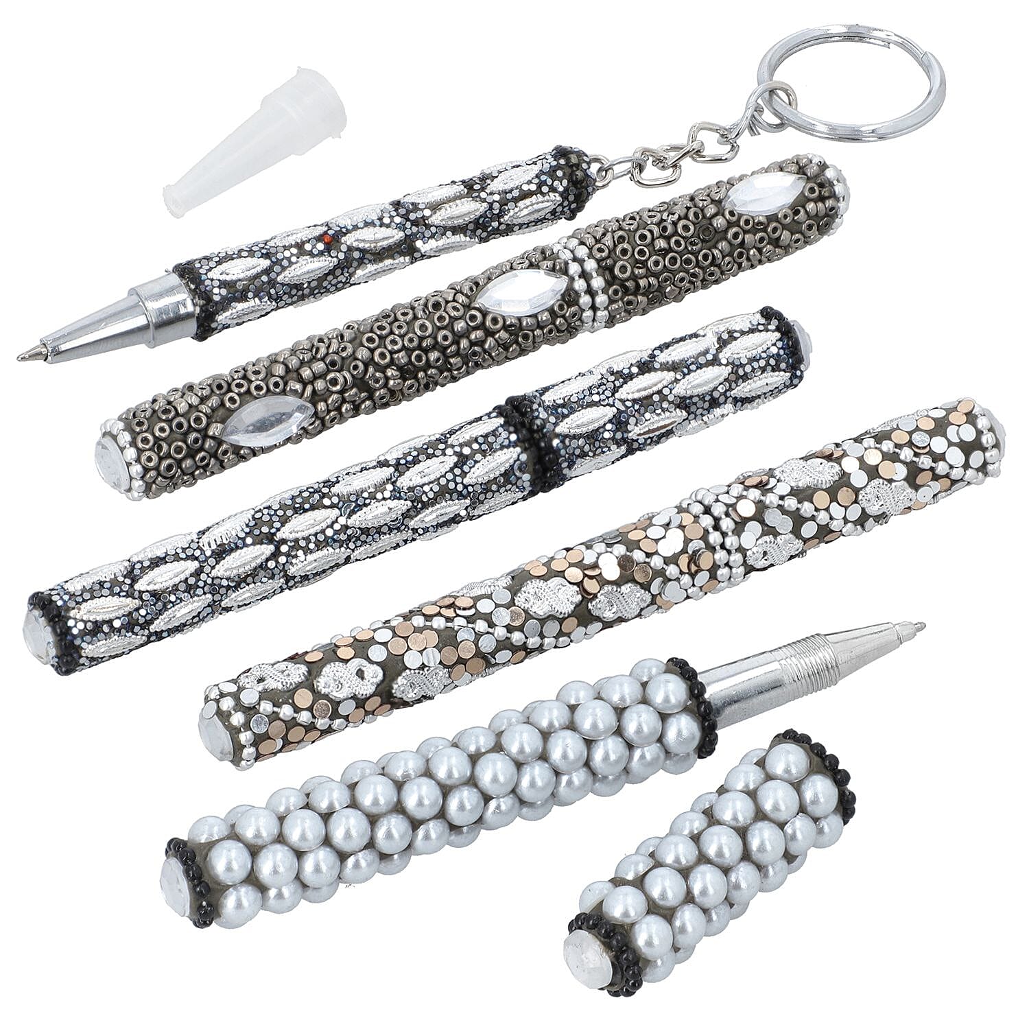 OTO - Set of 5 Rhinestone Beaded pen with One Key Chain option - Black
