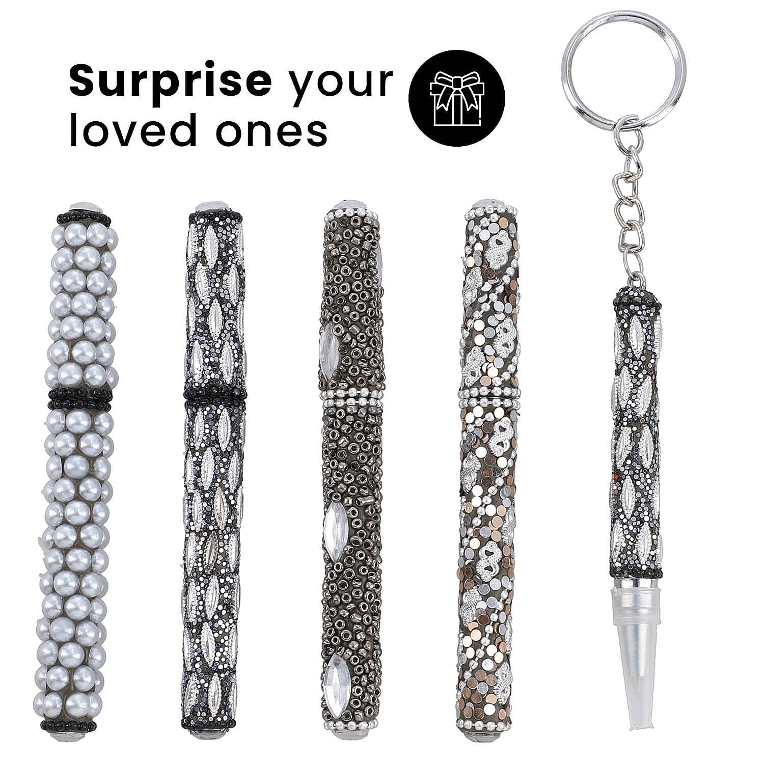 OTO - Set of 5 Rhinestone Beaded pen with One Key Chain option - Black