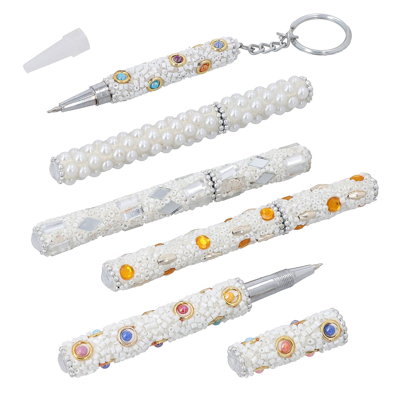 Set of 5 Handmade Rhinestone and Beads studded pen with Key Chain Pen - White