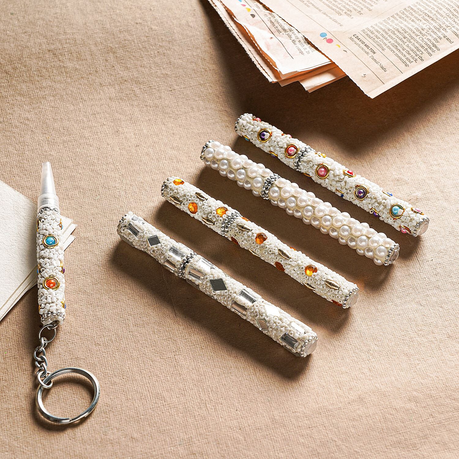 Set of 5 Handmade Rhinestone and Beads studded pen with Key Chain Pen - White