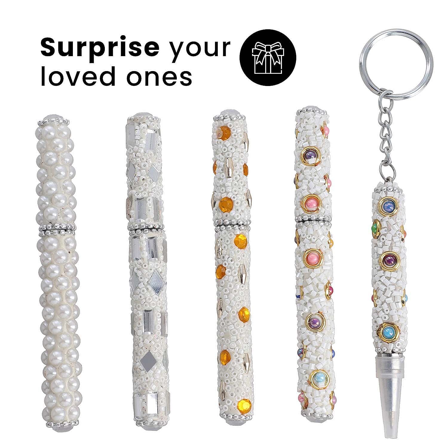 Set of 5 Handmade Rhinestone and Beads studded pen with Key Chain Pen - White