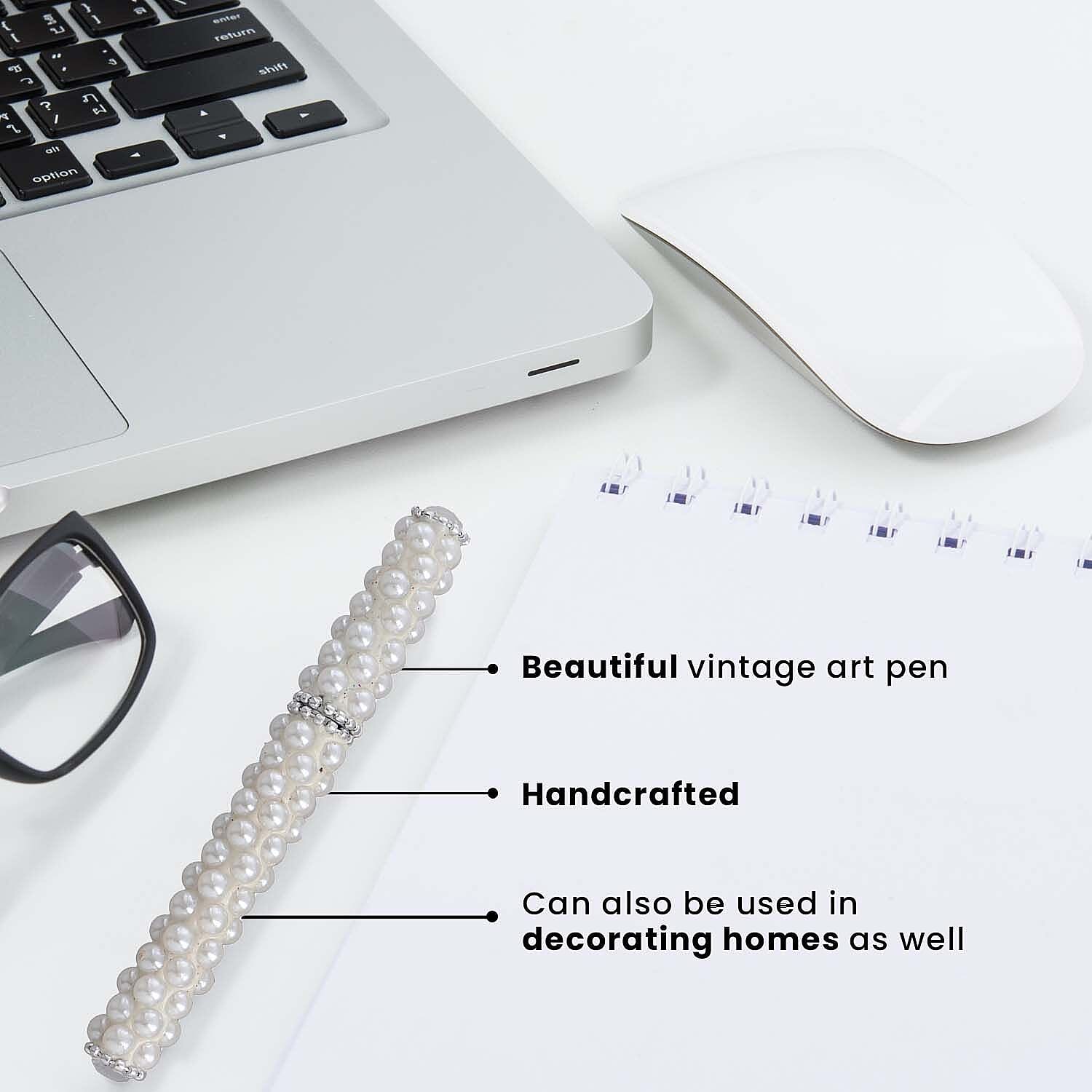 Set of 5 Handmade Rhinestone and Beads studded pen with Key Chain Pen - White