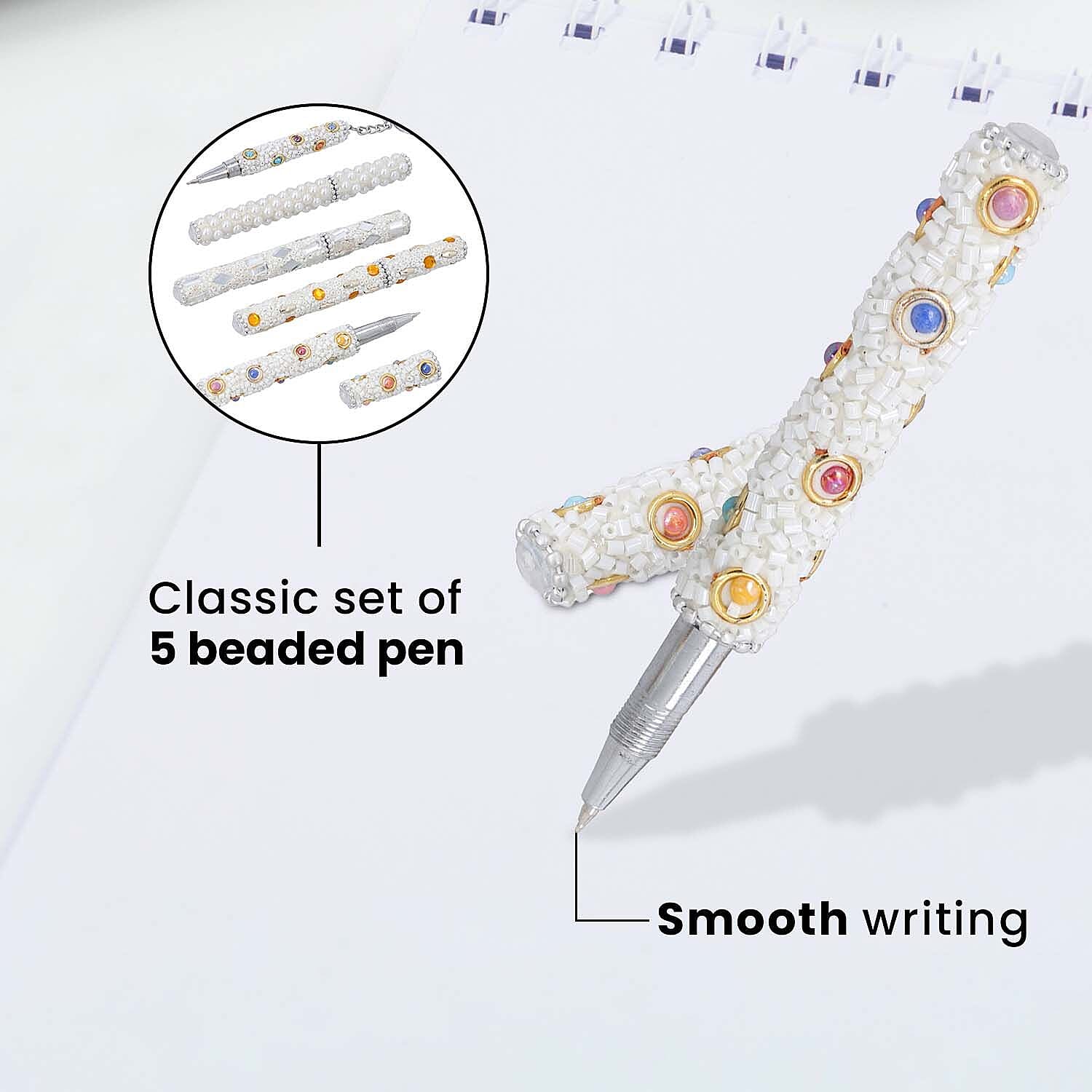 Set of 5 Handmade Rhinestone and Beads studded pen with Key Chain Pen - White