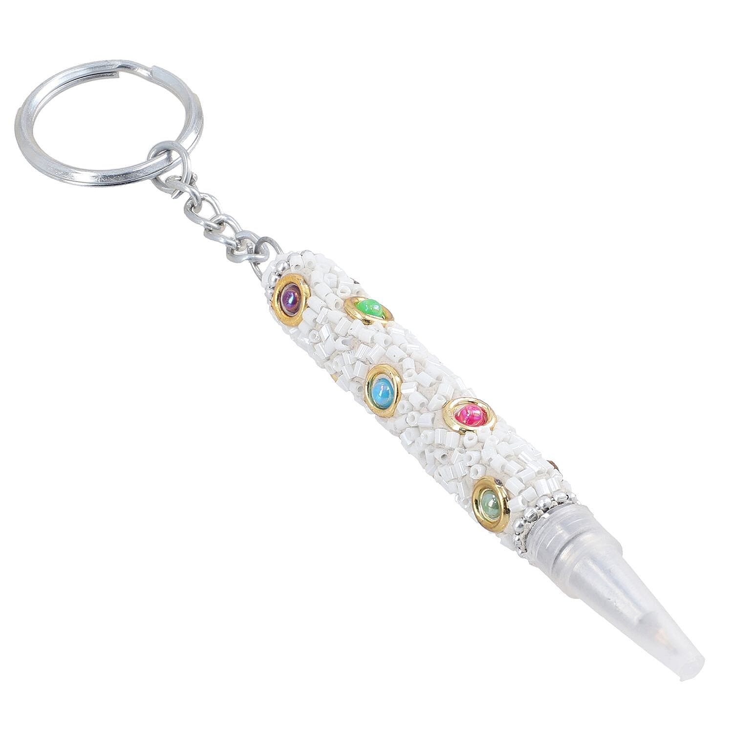 Set of 5 Handmade Rhinestone and Beads studded pen with Key Chain Pen - White