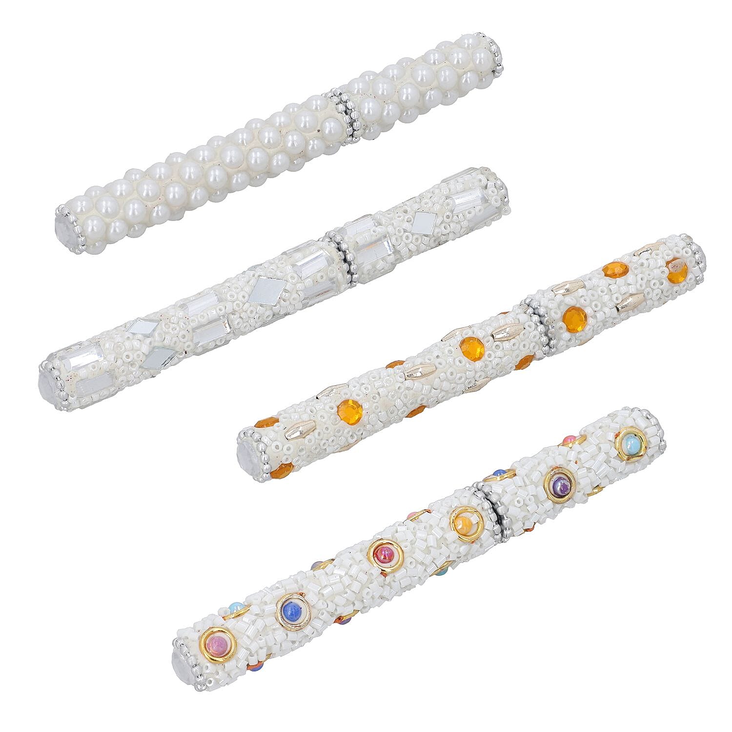 Set of 5 Handmade Rhinestone and Beads studded pen with Key Chain Pen - White
