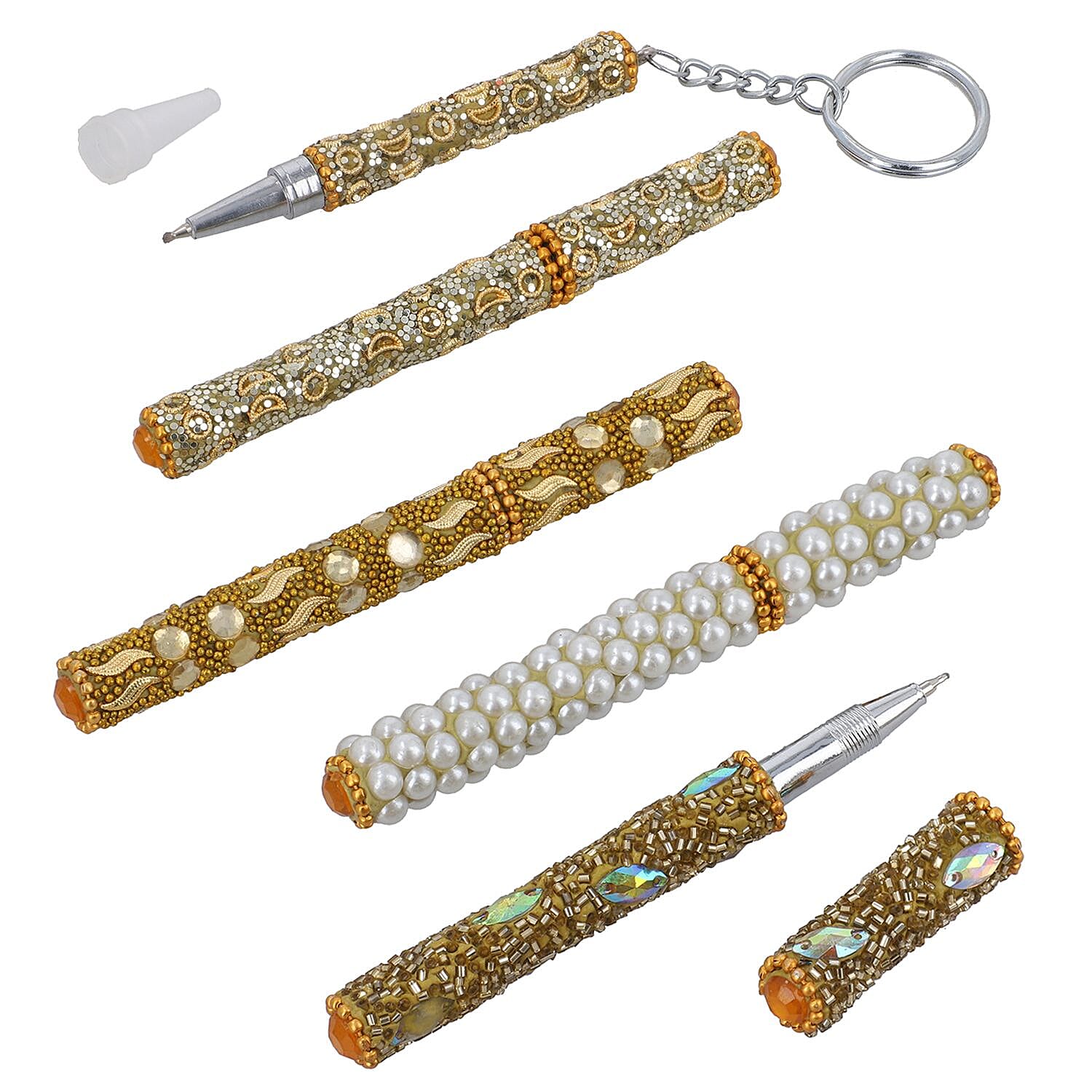 Set of 5 Handmade Rhinestone and Beads studded pen with Key Chain Pen - Mustard