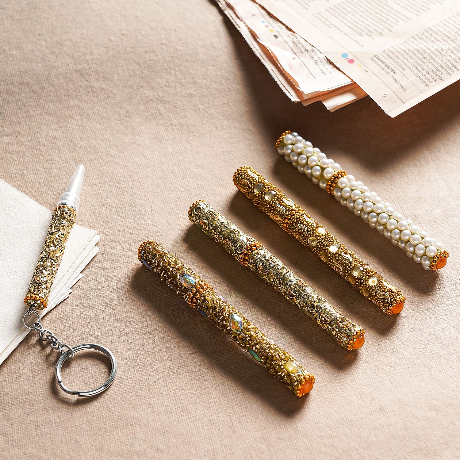 Set of 5 Handmade Rhinestone and Beads studded pen with Key Chain Pen - Mustard