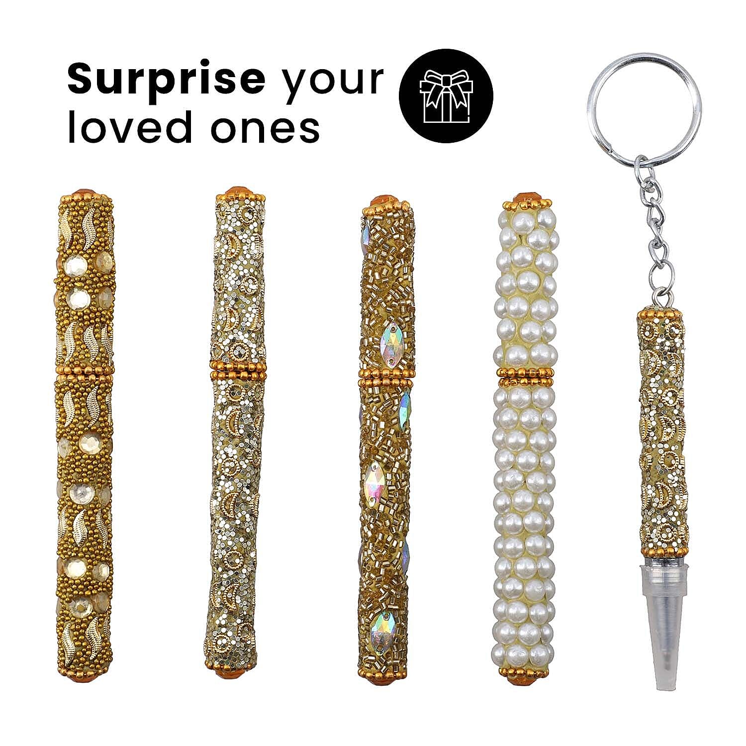 Set of 5 Handmade Rhinestone and Beads studded pen with Key Chain Pen - Mustard
