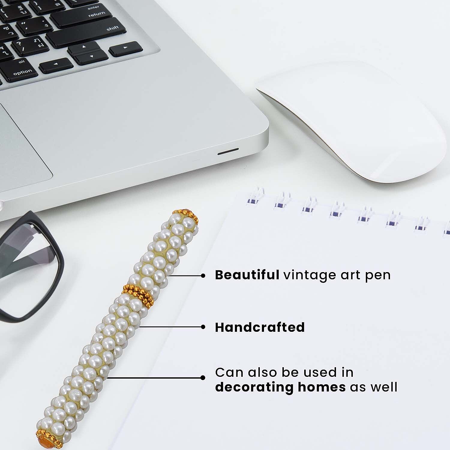 Set of 5 Handmade Rhinestone and Beads studded pen with Key Chain Pen - Mustard