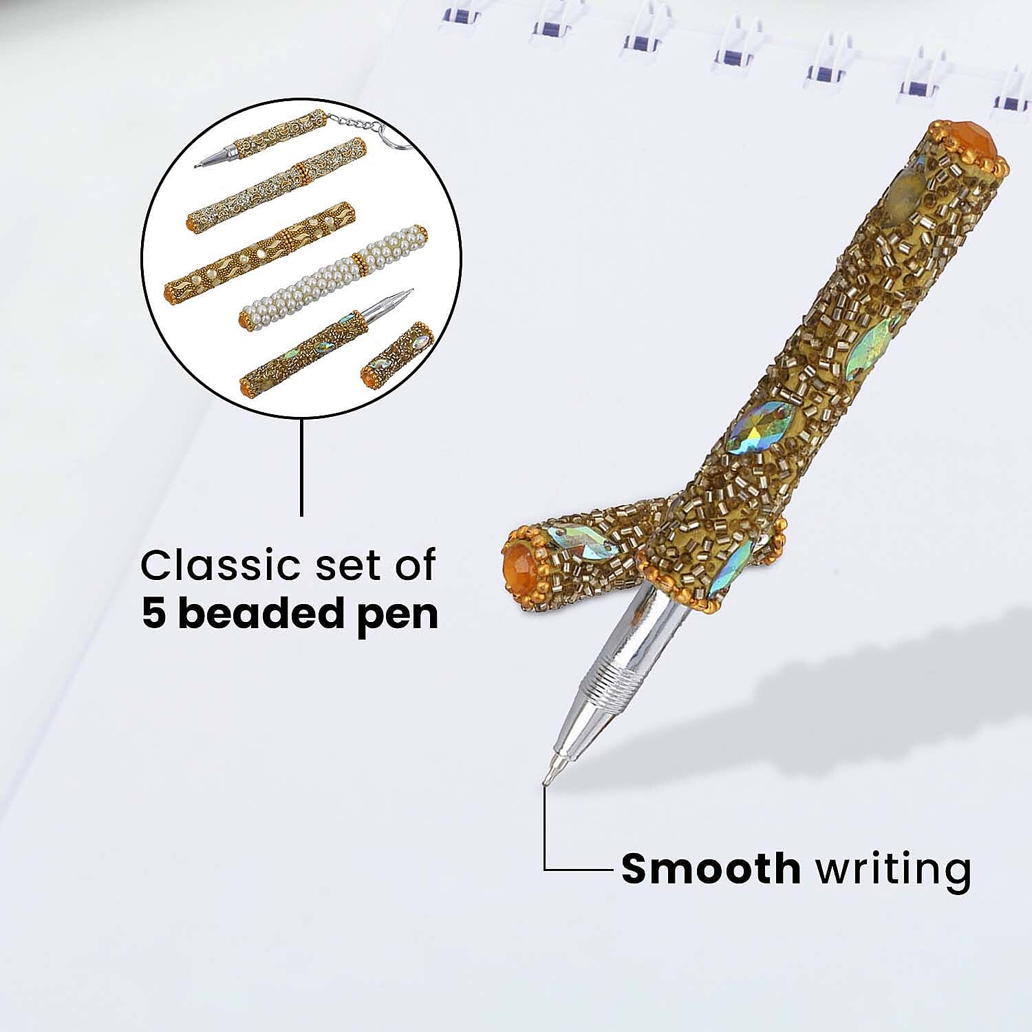 Set of 5 Handmade Rhinestone and Beads studded pen with Key Chain Pen - Mustard
