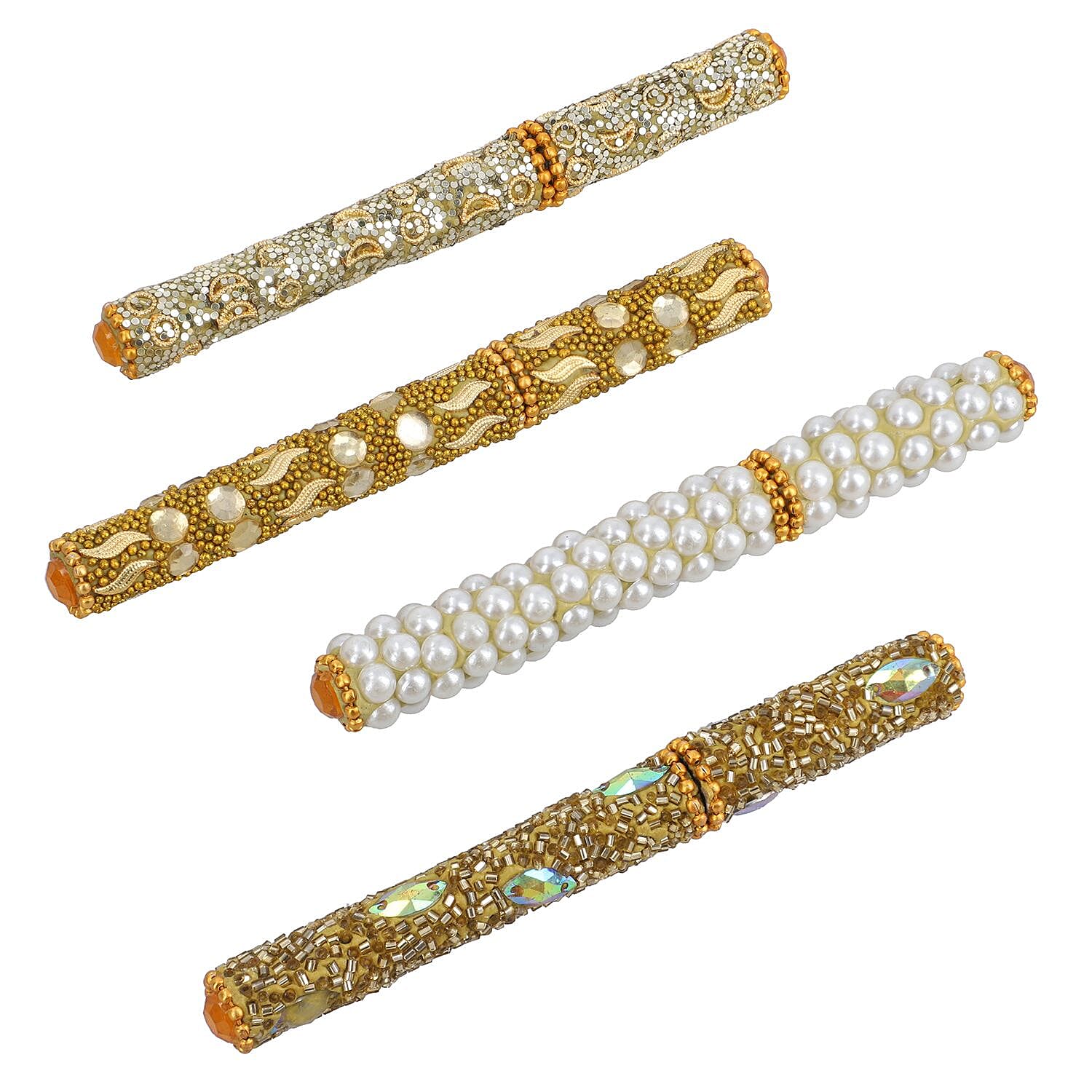 Set of 5 Handmade Rhinestone and Beads studded pen with Key Chain Pen - Mustard