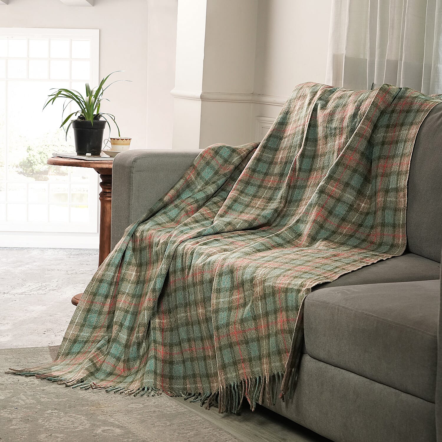 Checkered Pattern Wool Throw Blanket with Fringes -  Multi