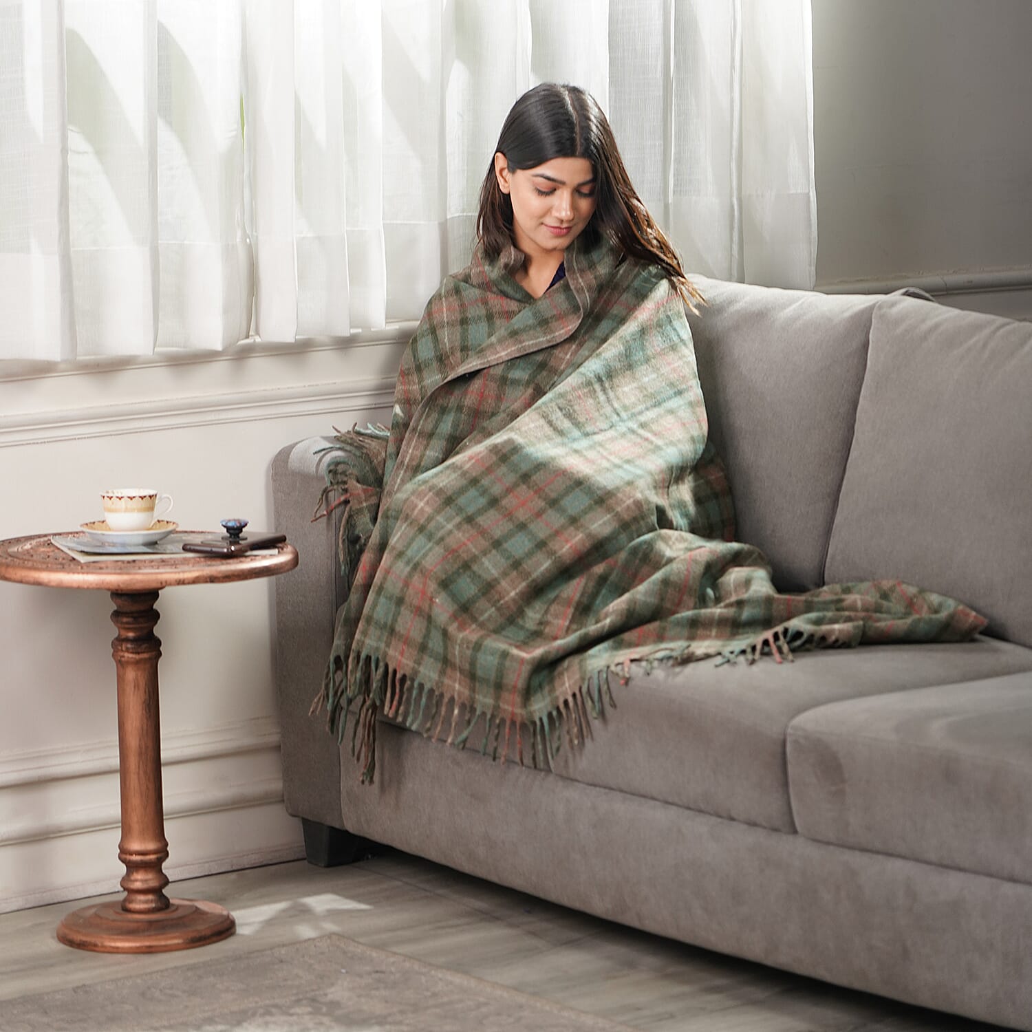 Checkered Pattern Wool Throw Blanket with Fringes -  Multi