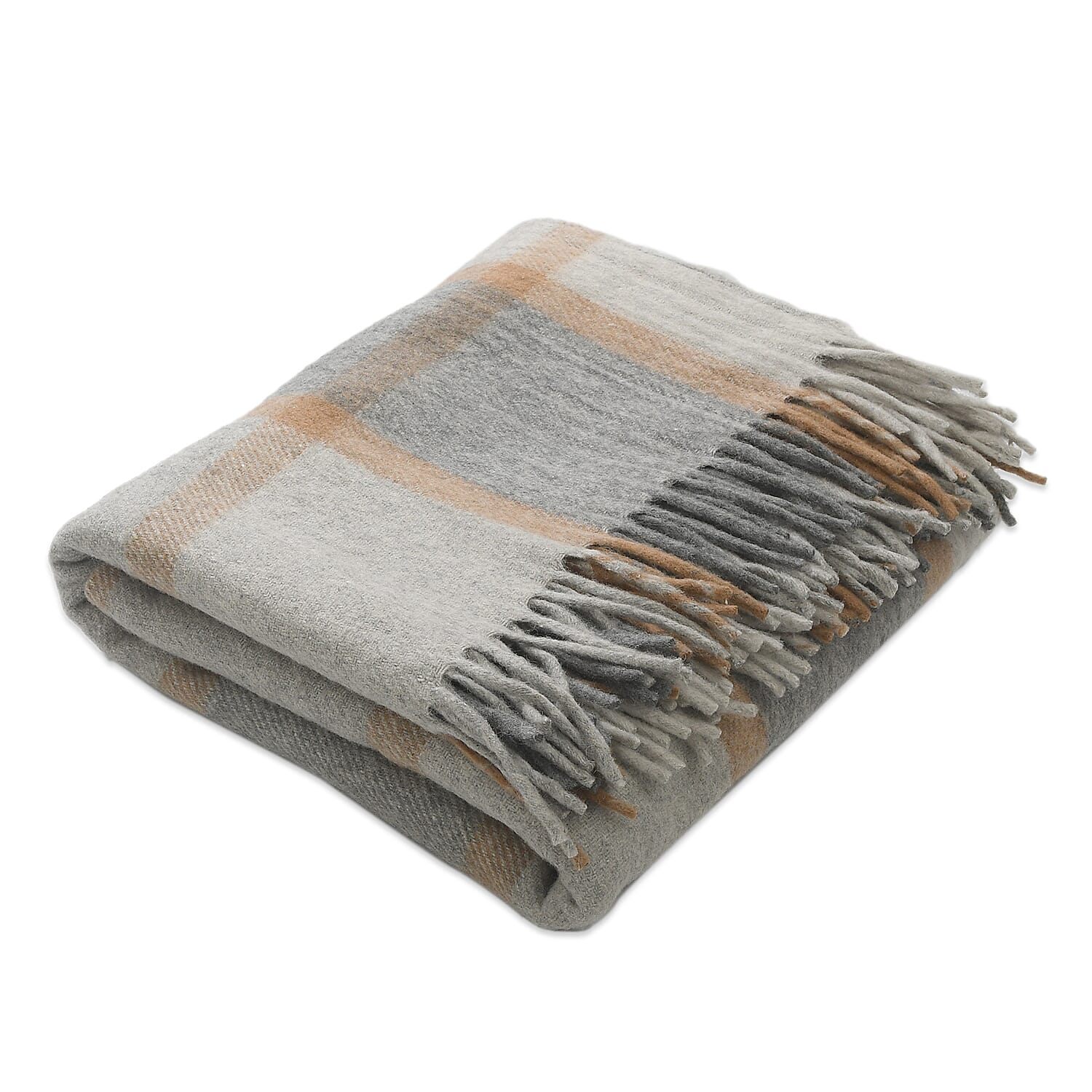 Checkered Pattern Wool Throw Blanket with Fringes (Size 170x130 Cm) - Grey & Rust