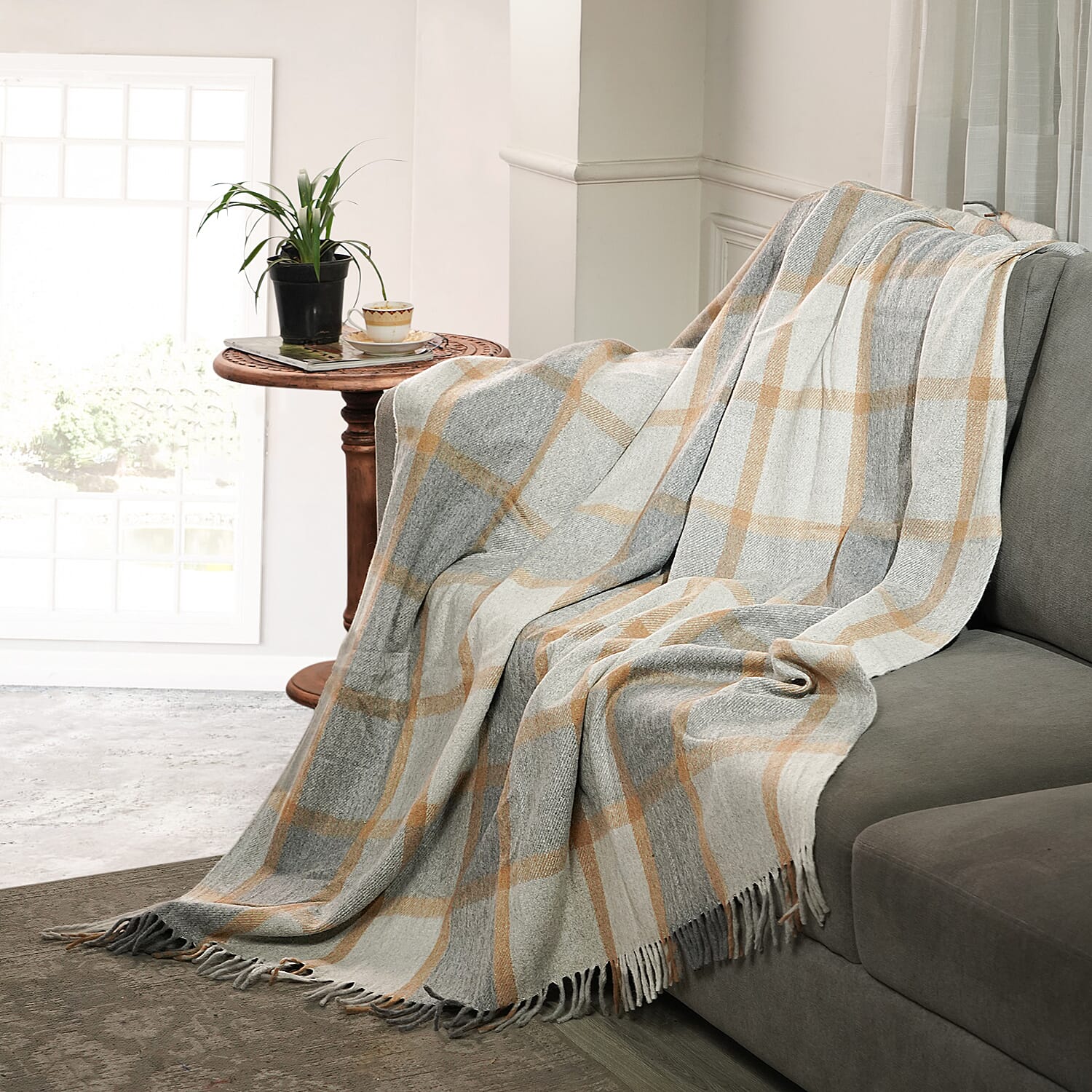 Checkered Pattern Wool Throw Blanket with Fringes (Size 170x130 Cm) - Grey & Rust