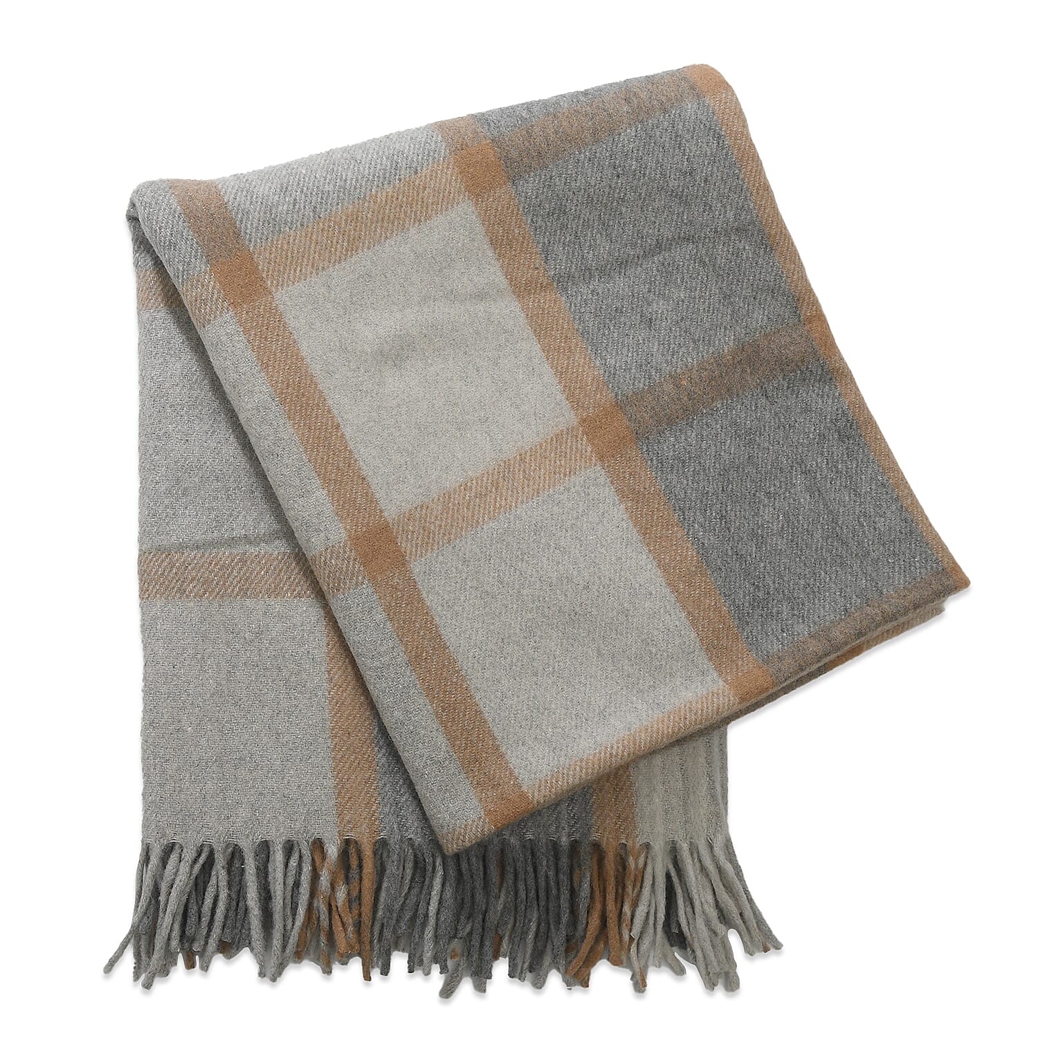 Checkered Pattern Wool Throw Blanket with Fringes (Size 170x130 Cm) - Grey & Rust