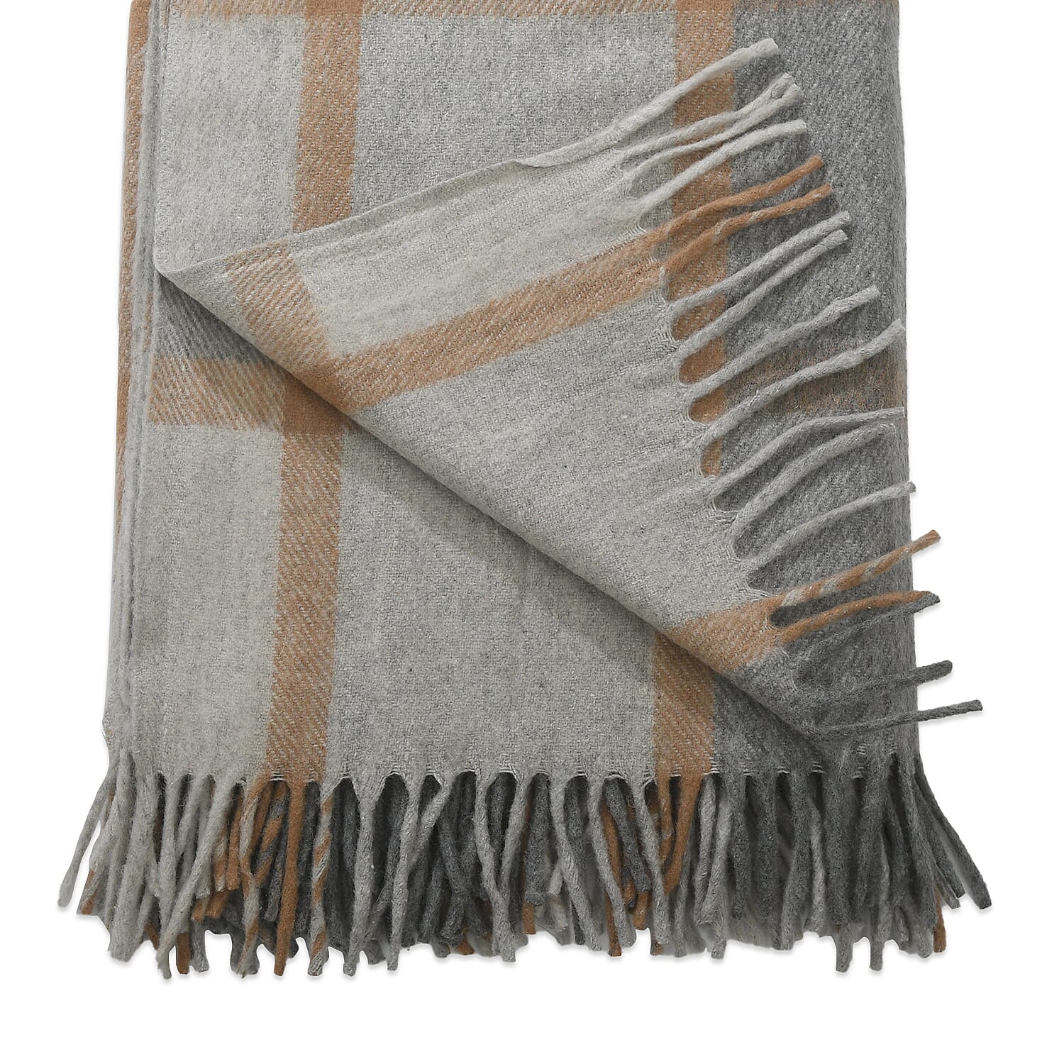 Checkered Pattern Wool Throw Blanket with Fringes (Size 170x130 Cm) - Grey & Rust