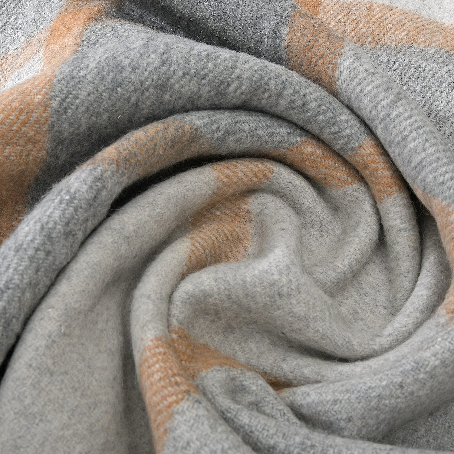 Checkered Pattern Wool Throw Blanket with Fringes (Size 170x130 Cm) - Grey & Rust