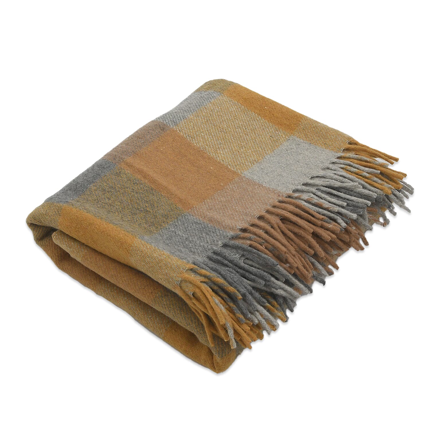 Checkered Pattern Wool Throw Blanket with Fringes (Size 130x170 Cm) - Mustard & Light Grey