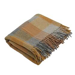 Checkered Pattern Wool Throw Blanket with Fringes -  Mustard & Light Grey