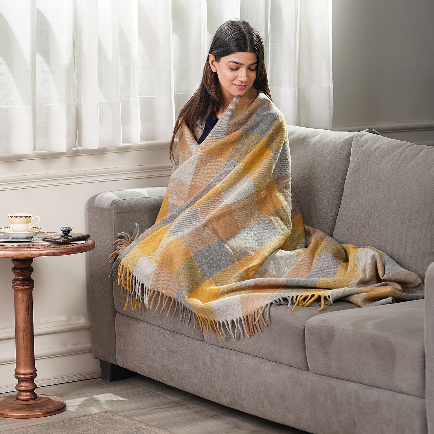Checkered Pattern Wool Throw Blanket with Fringes (Size 130x170 Cm) - Mustard & Light Grey