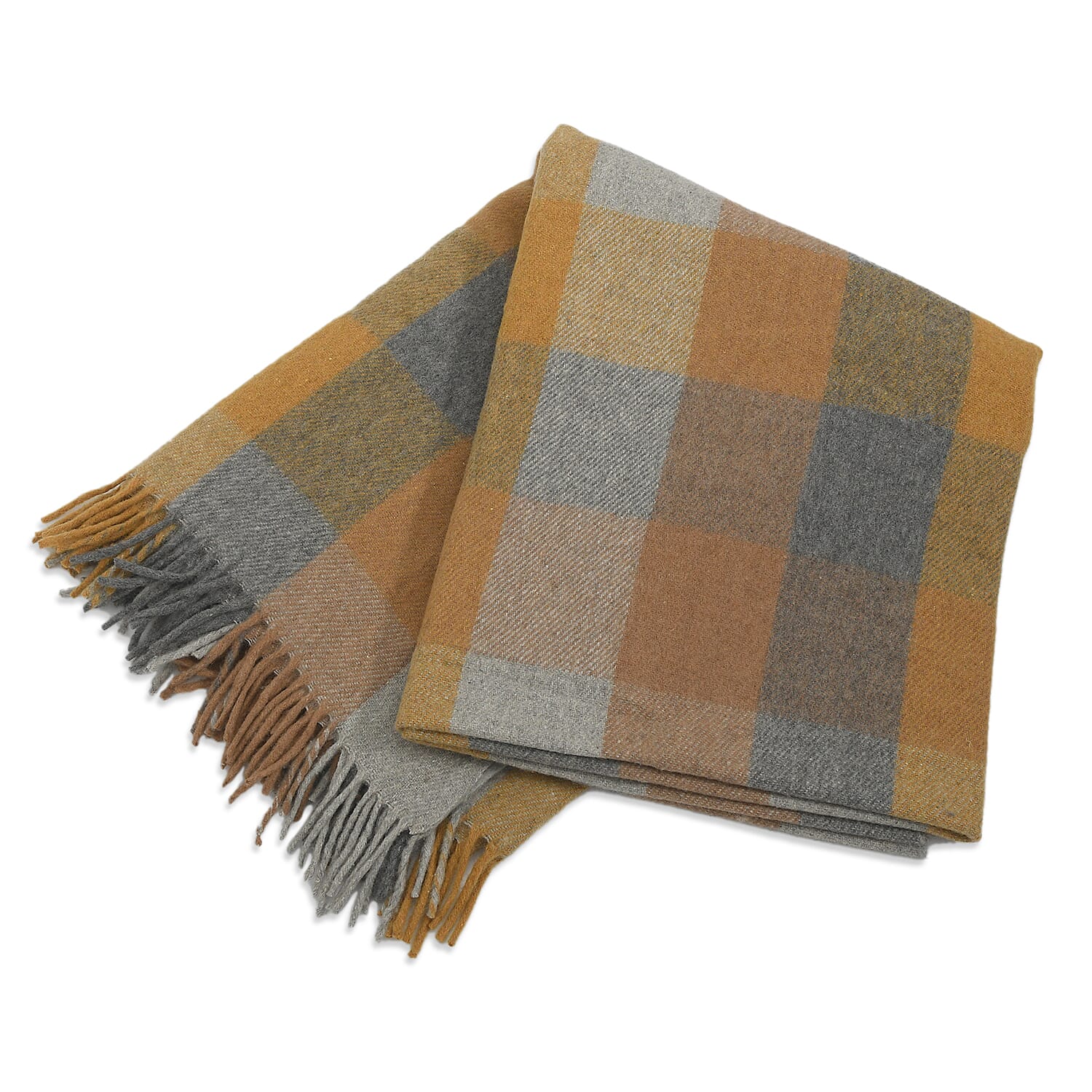 Checkered Pattern Wool Throw Blanket with Fringes (Size 130x170 Cm) - Mustard & Light Grey