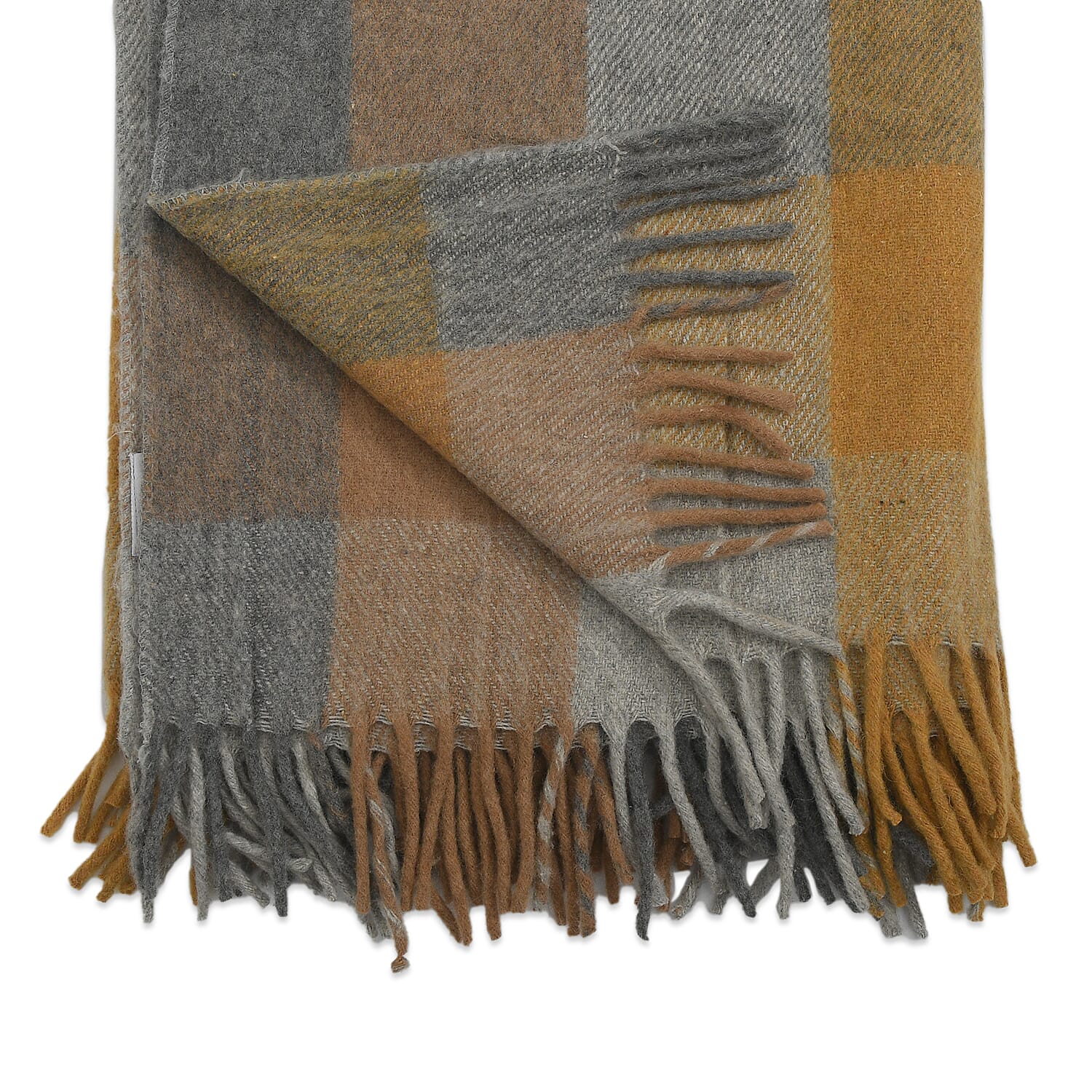 Checkered Pattern Wool Throw Blanket with Fringes (Size 130x170 Cm) - Mustard & Light Grey