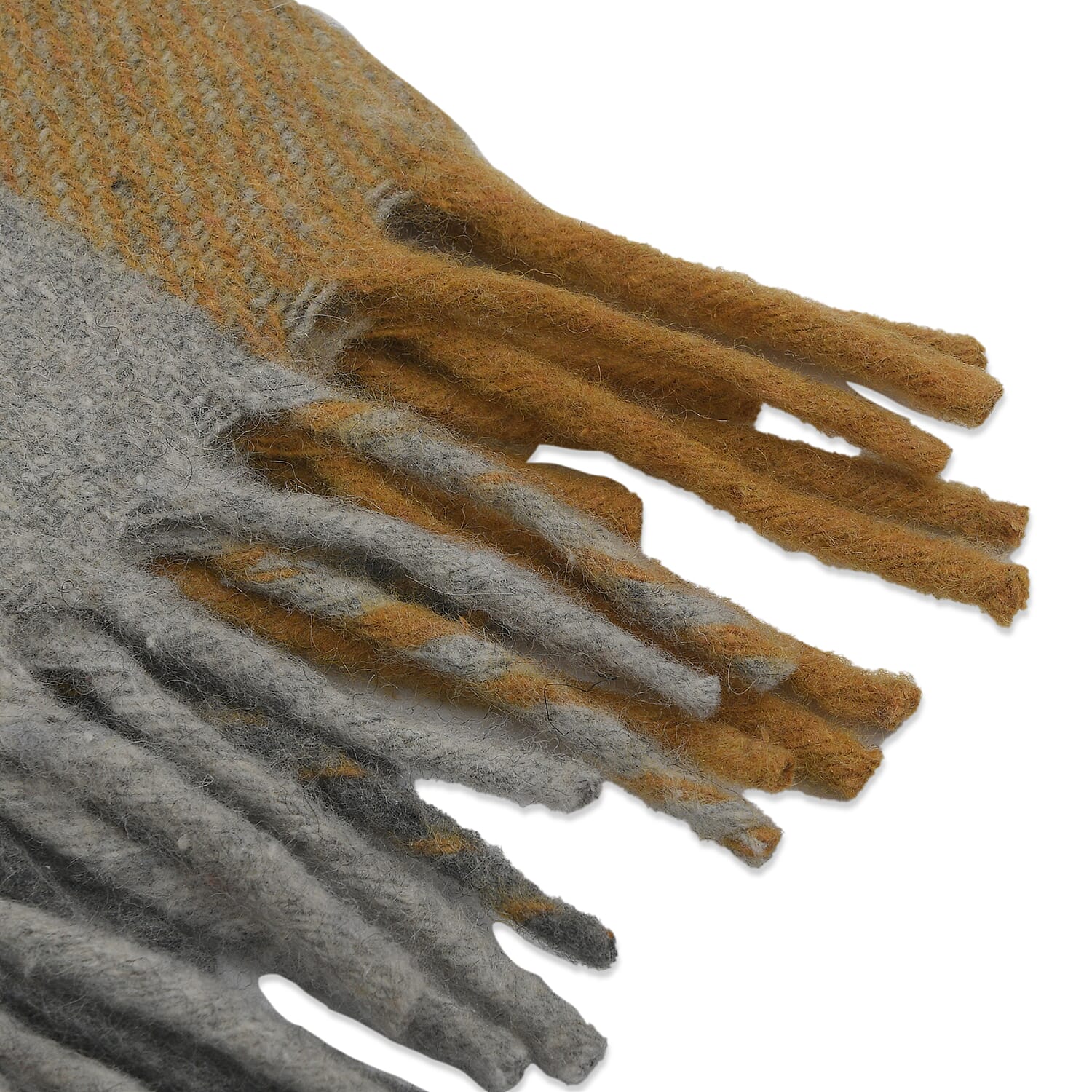 Checkered Pattern Wool Throw Blanket with Fringes (Size 130x170 Cm) - Mustard & Light Grey