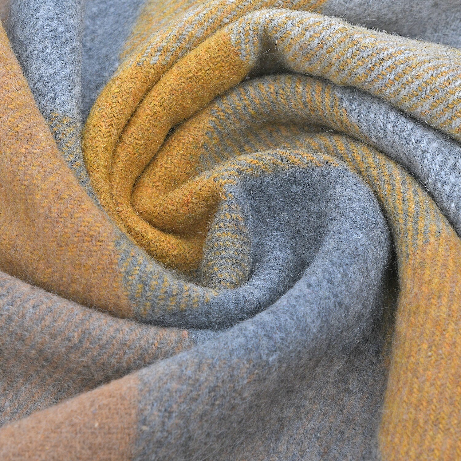 Checkered Pattern Wool Throw Blanket with Fringes (Size 130x170 Cm) - Mustard & Light Grey
