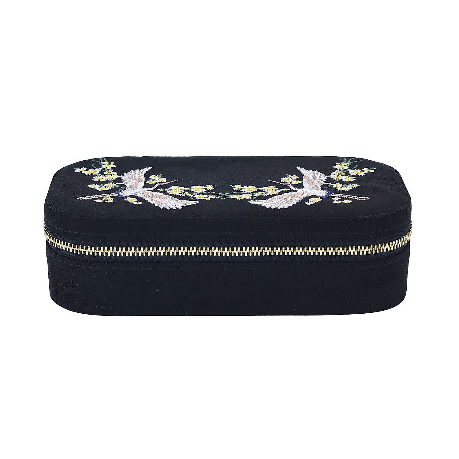 Rectangle Embroidered Jewellery Box with Zip (Size 18x10x5 cm) - Black