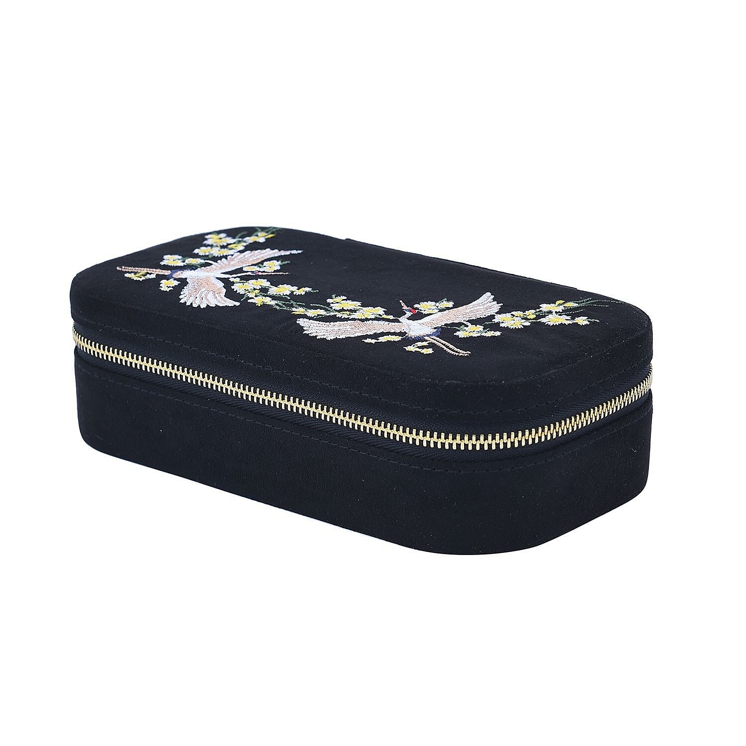 Rectangle Embroidered Jewellery Box with Zip (Size 18x10x5 cm) - Black