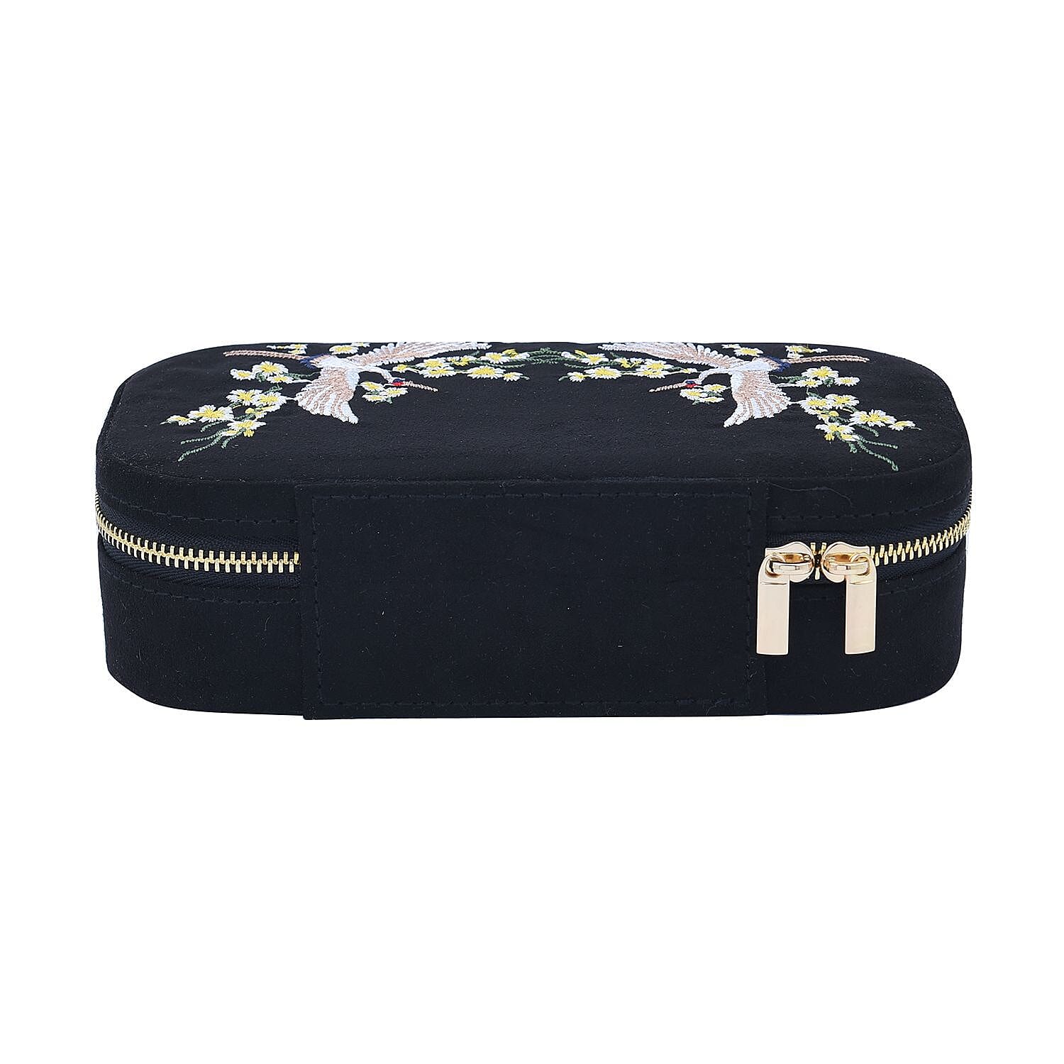 Rectangle Embroidered Jewellery Box with Zip (Size 18x10x5 cm) - Black