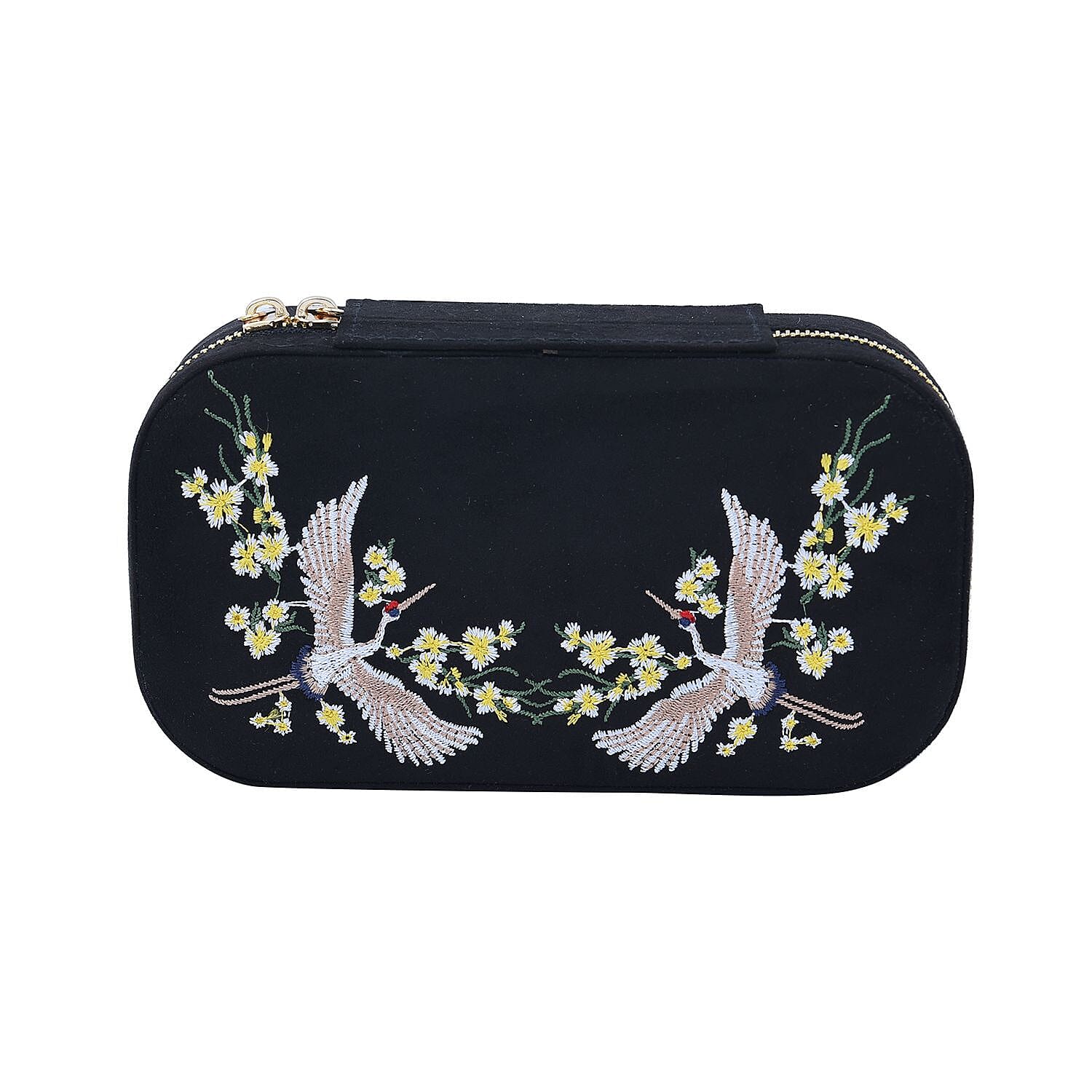 Rectangle Embroidered Jewellery Box with Zip (Size 18x10x5 cm) - Black