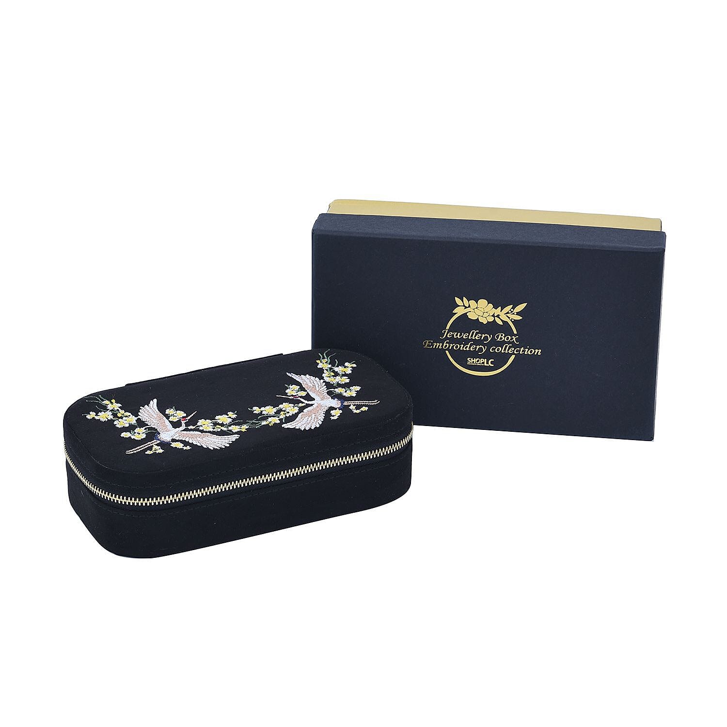 Rectangle Embroidered Jewellery Box with Zip (Size 18x10x5 cm) - Black