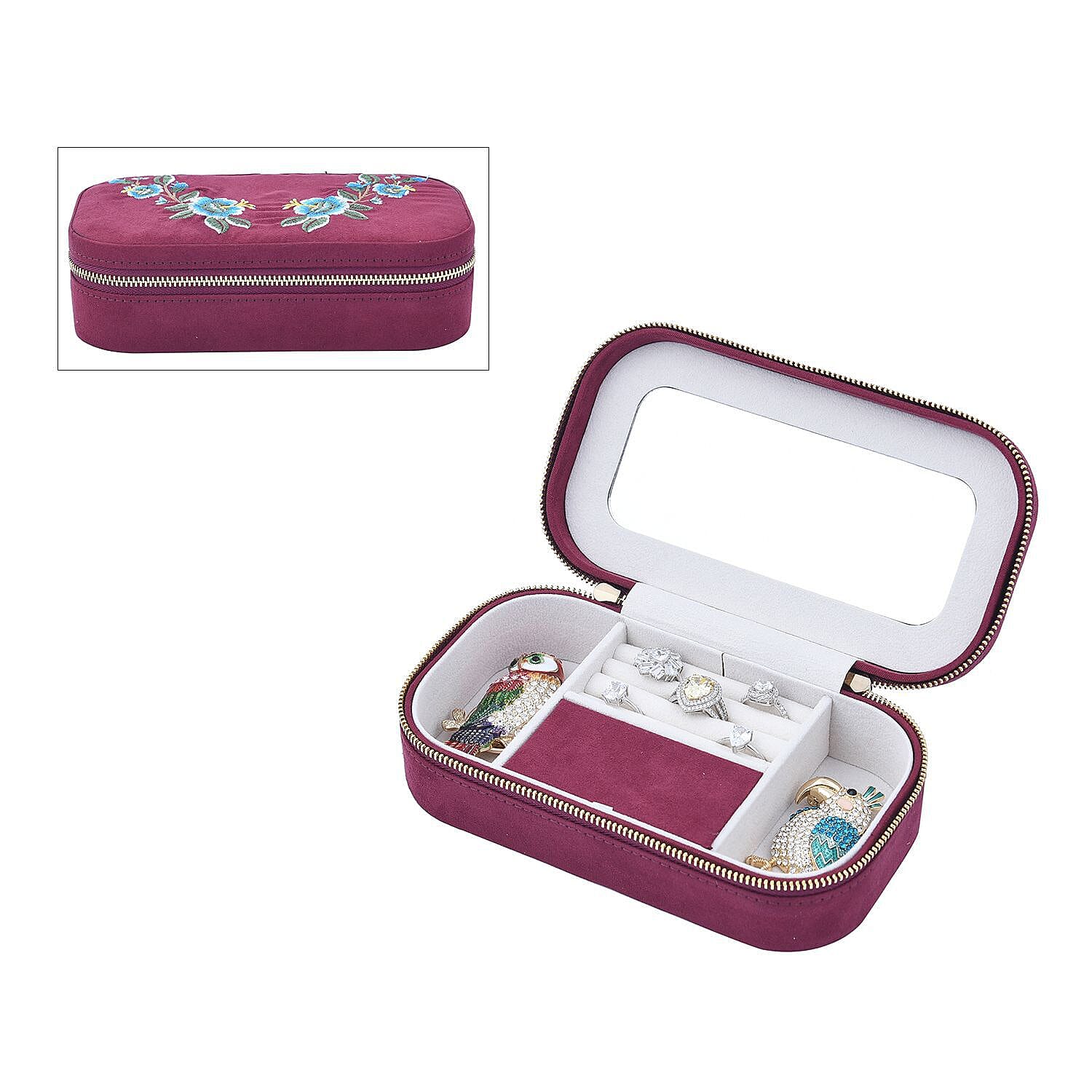 Rectangle Embroidered Jewellery Box with Zip (Size 18x10x5 ) - Burgundy