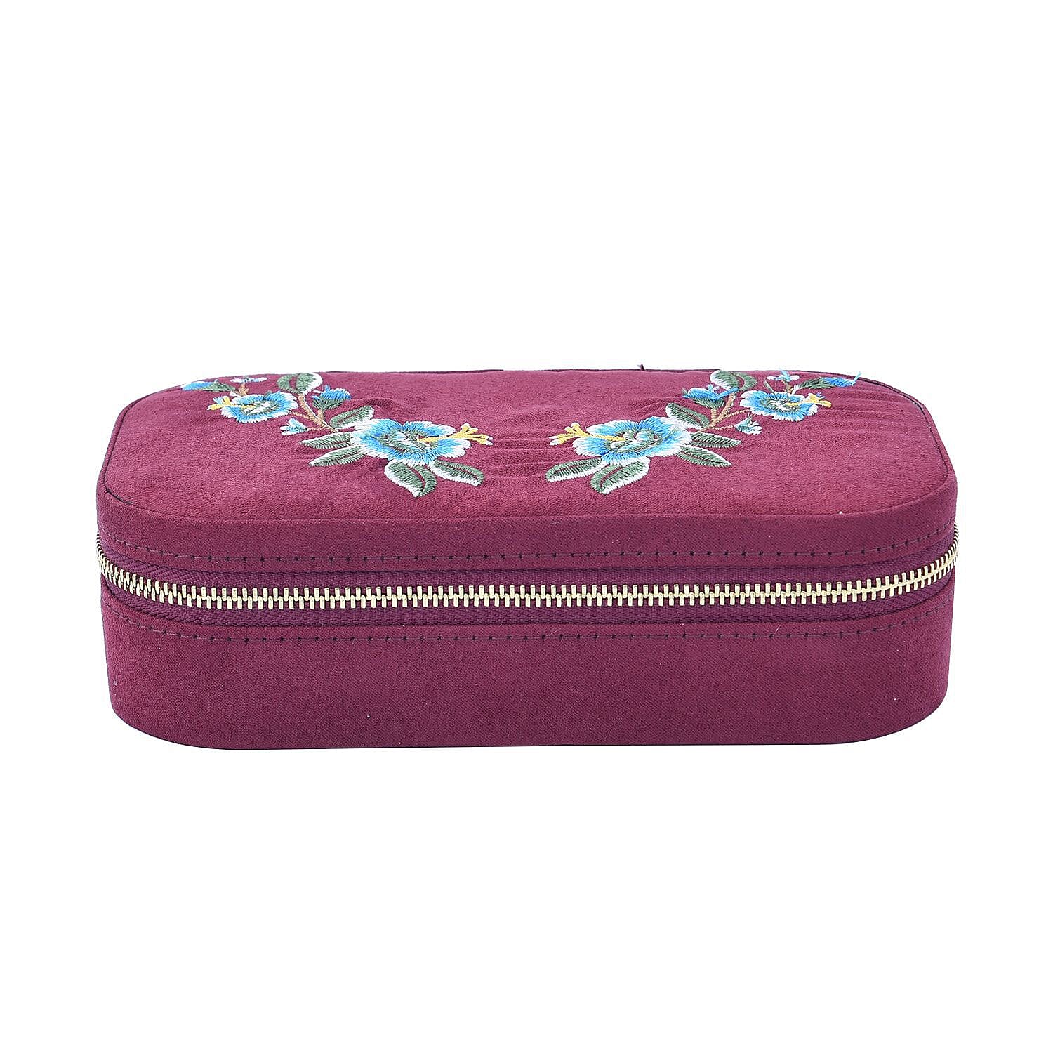 Rectangle Embroidered Jewellery Box with Zip (Size 18x10x5 ) - Burgundy