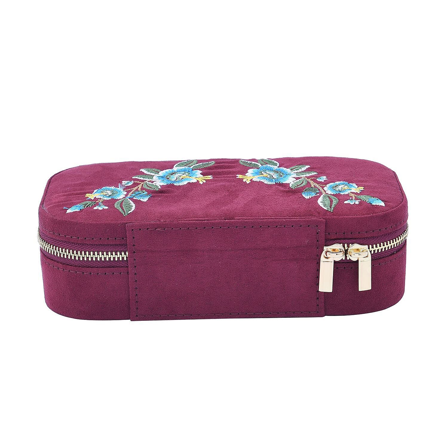 Rectangle Embroidered Jewellery Box with Zip (Size 18x10x5 ) - Burgundy