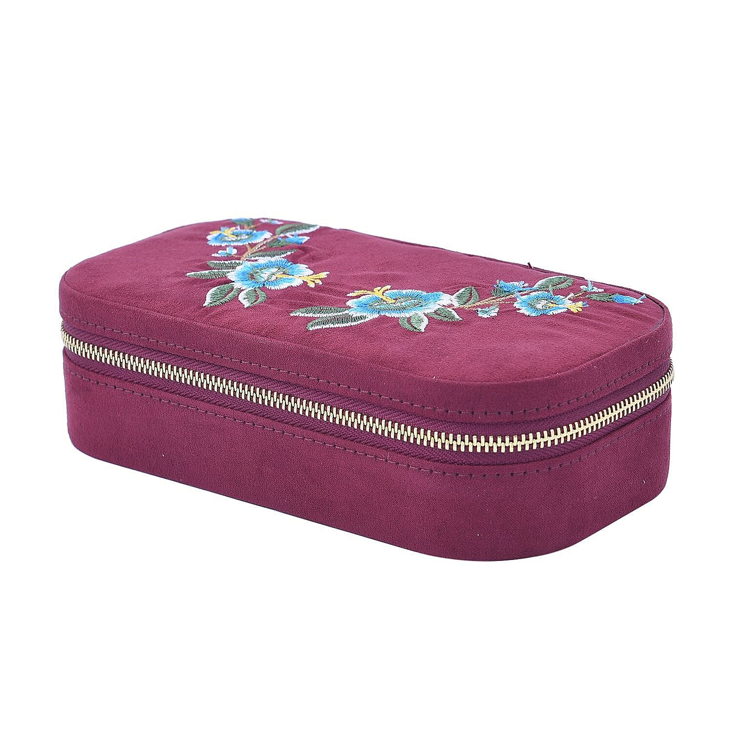 Rectangle Embroidered Jewellery Box with Zip (Size 18x10x5 ) - Burgundy