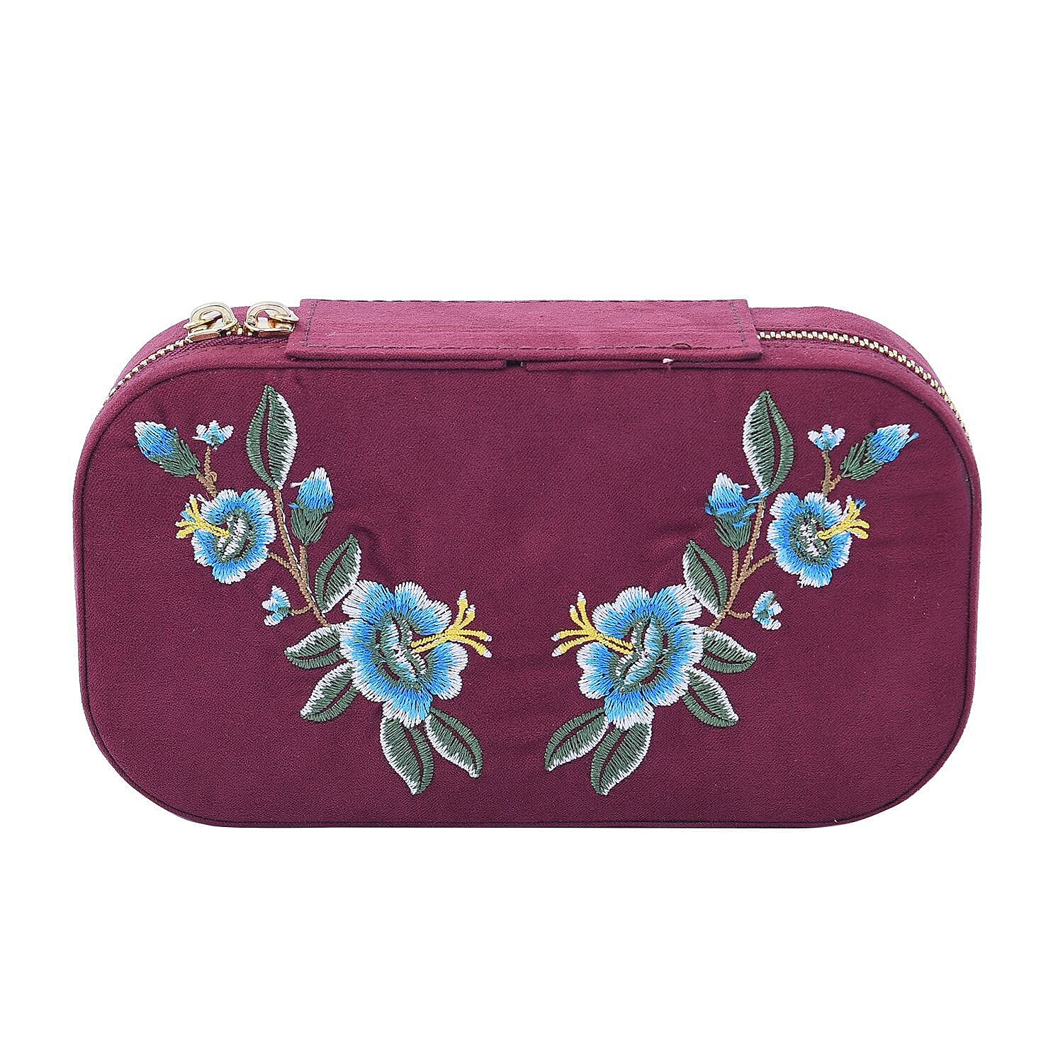 Rectangle Embroidered Jewellery Box with Zip (Size 18x10x5 cm) - Burgundy
