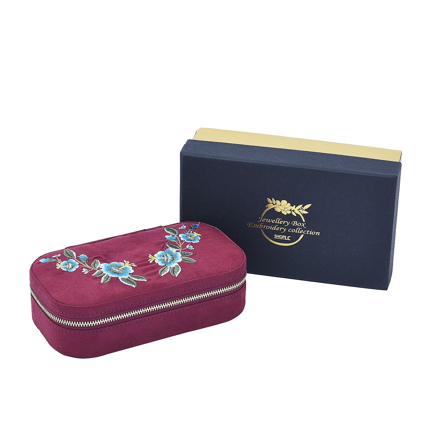 Rectangle Embroidered Jewellery Box with Zip (Size 18x10x5 cm) - Burgundy