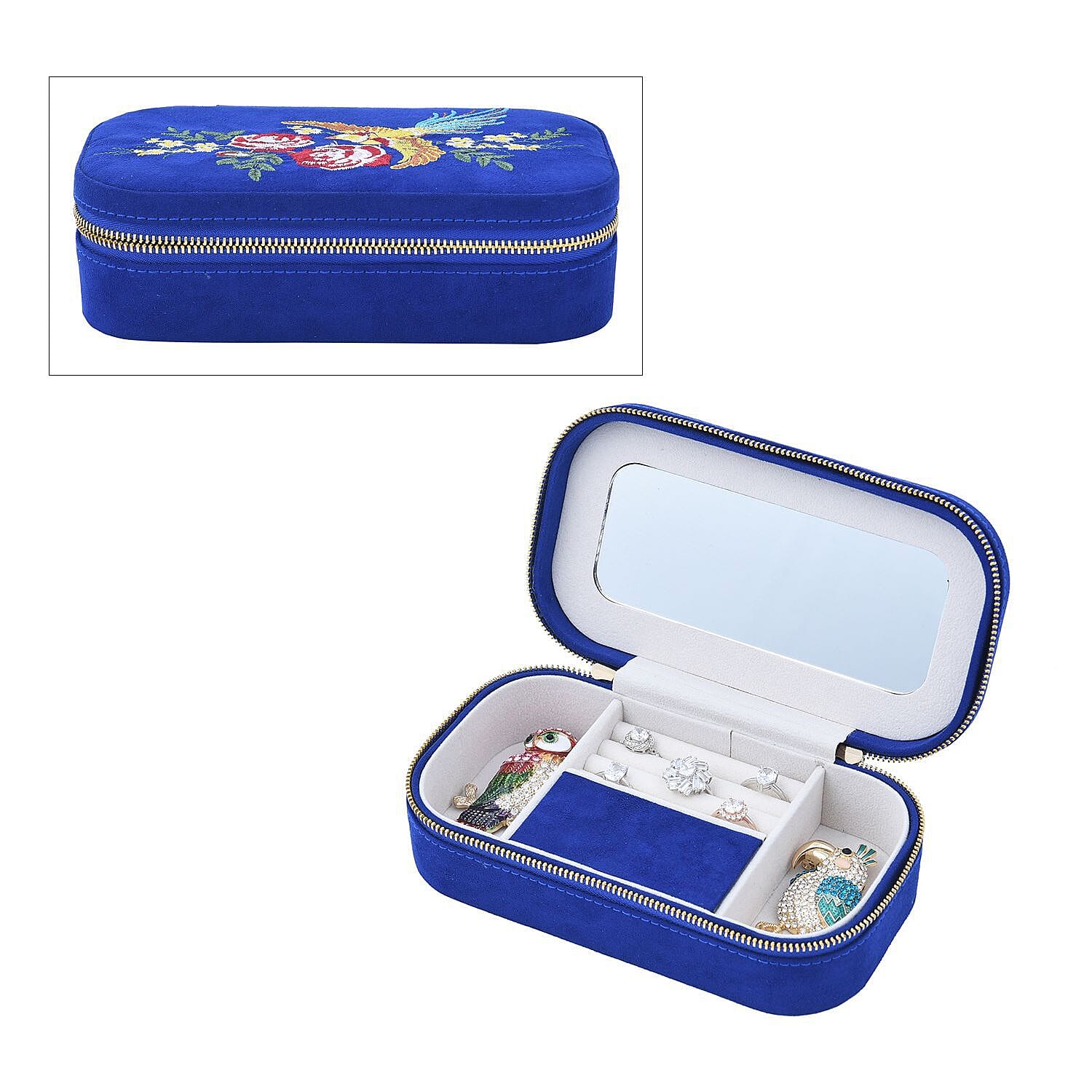 Rectangle Embroidered Jewellery Box with Zip (Size 18x10x5 ) - & Blue